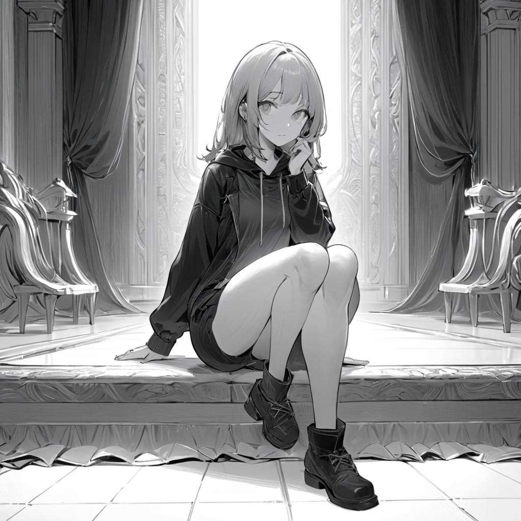 LineAniAF,(masterpiece:1.3), (intricate:1), best quality, official art, 8k wallpaper, highly detailed, illustration, lineart, monochrome, cinematic light, monastarpact, 1 girl, (full body view:1.2), sitting down,, <lora:Lineart-LineAniAF-LessSize20:1>