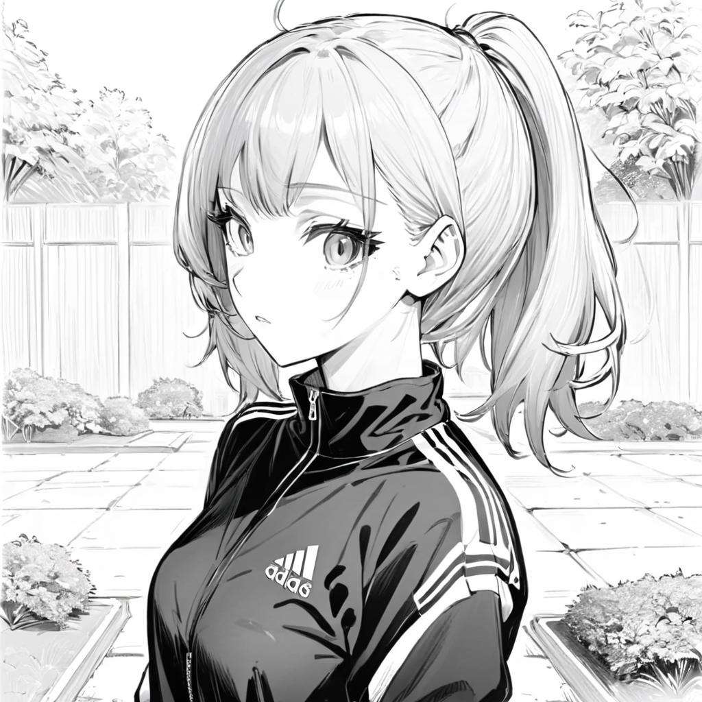 LineAniAF,best quality, anime, lady in unzipped Adidas tracksuit, polo shirt, outdoors, touching head, (lineart), manga, (monochrome), black and white, (colorless), <lora:Lineart-LineAniAF-LessSize20:1>