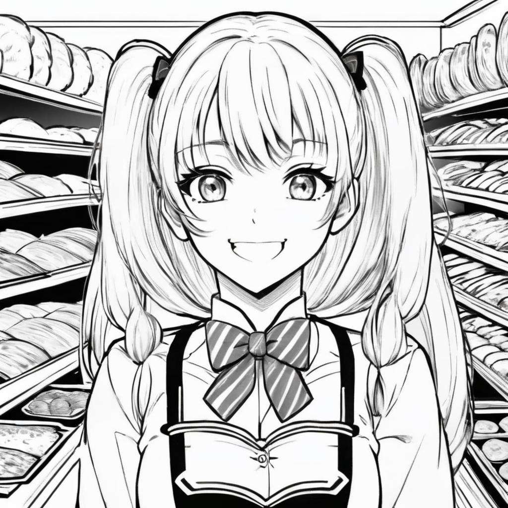 LineAniAF,best quality, anime, cashier girl, bakery, hair bow, (smiling:0.5), (lineart), manga, (monochrome), (colorless) , <lora:Lineart-LineAniAF-LessSize20:1>