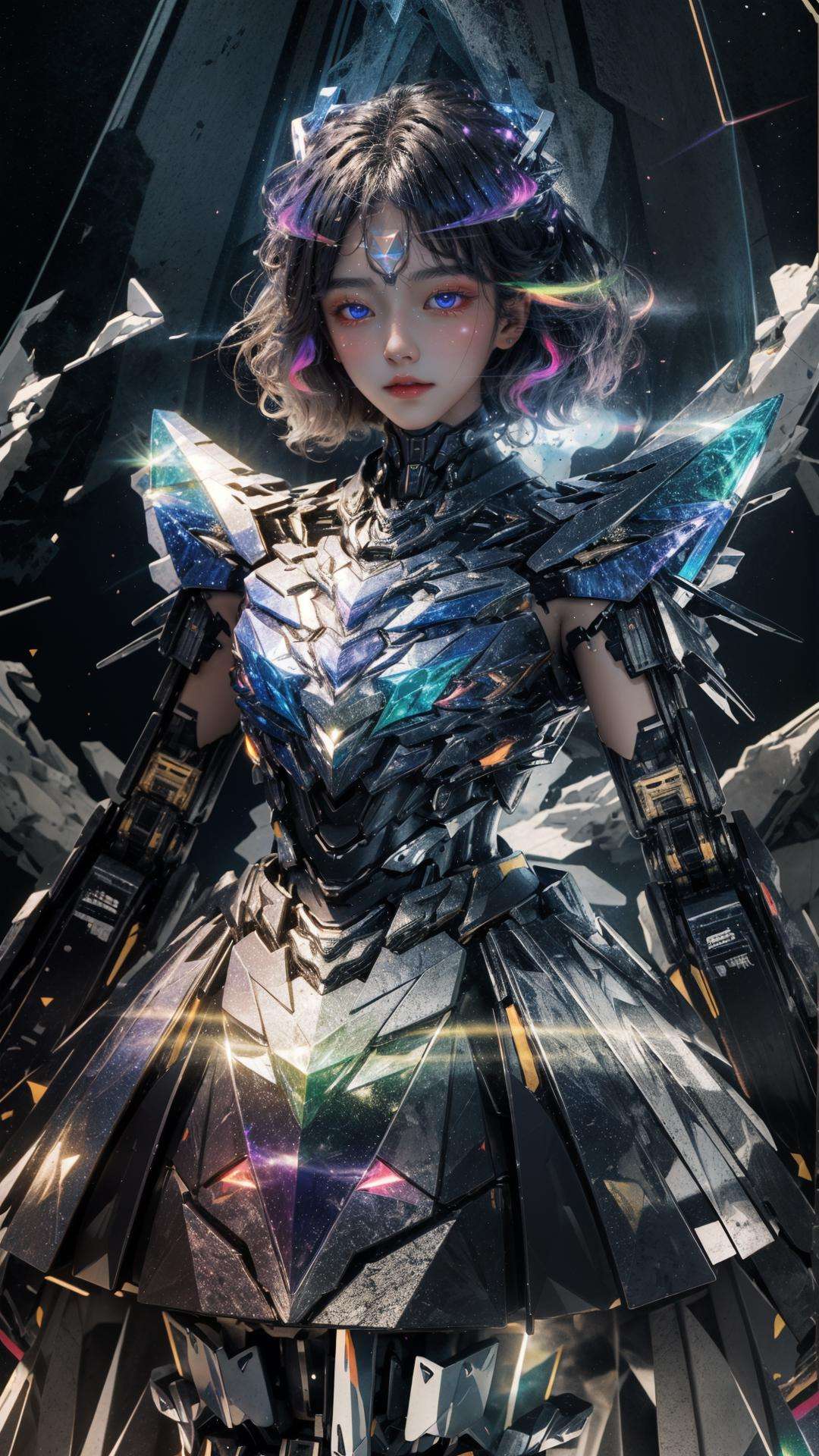 masterpiece, best quality,highres, 1girl，stars in the eyes, opalescence dress, holographic plastic,chromatic dispersion, Polychromatic prism effect, glowing light, (mecha:1.2), <lora:Niji:0.7>, <lora:liuli:0.7>, silver,  <lora:more_details:0.5>