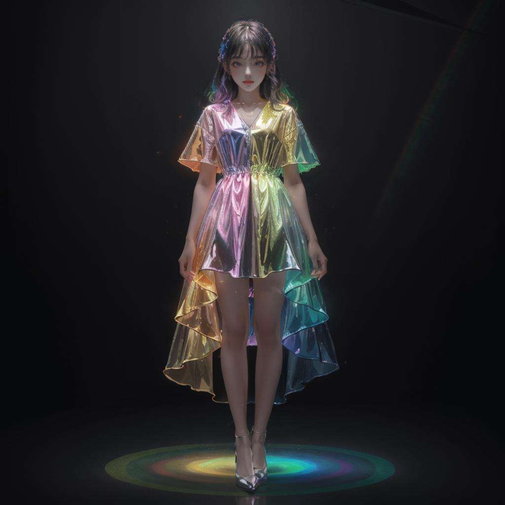 masterpiece, best quality,highres, 1girl, tall, perfect stature, liuli,<lora:liuli_20230828183428:0.6>,full body, bangs, chromatic dispersion,(metallic_lustre:1.2), tansparent_plastic, coloured glaze, Polychromatic prism effect, rainbowcore, iridescence/opalescence, glowing colors, aluminum foil, Glowing ambiance