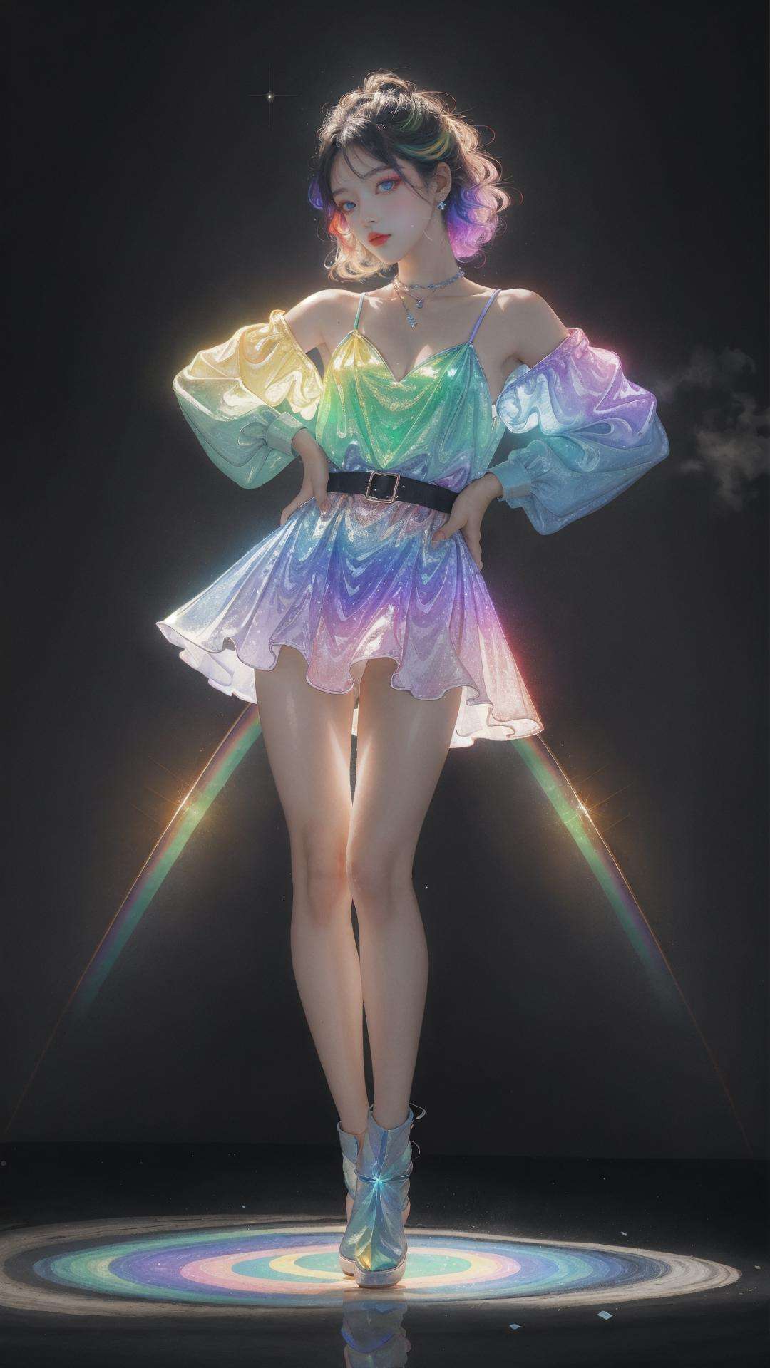 masterpiece, best quality,highres, 1girl, perfect stature, fashion pose, bangs, <lora:liuli:0.6>, chromatic dispersion,(metallic_lustre:0.8), (tansparent_plastic:1.3), coloured glaze, Polychromatic prism effect, rainbowcore, iridescence/opalescence, glowing colors, aluminum foil, Glowing ambiance, <lora:anxiang:0.4>