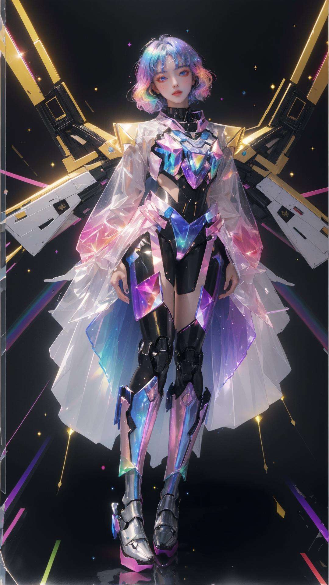 masterpiece, best quality,highres, 1girl, perfect stature, fashion pose, bangs, <lora:liuli:0.6>, chromatic dispersion,(metallic_lustre:0.8), (tansparent_plastic:1.3), coloured glaze, Polychromatic prism effect, rainbowcore, iridescence/opalescence, glowing colors, aluminum foil, Glowing ambiance, mecha,  <lora:少女机甲_v1.0:0.4>