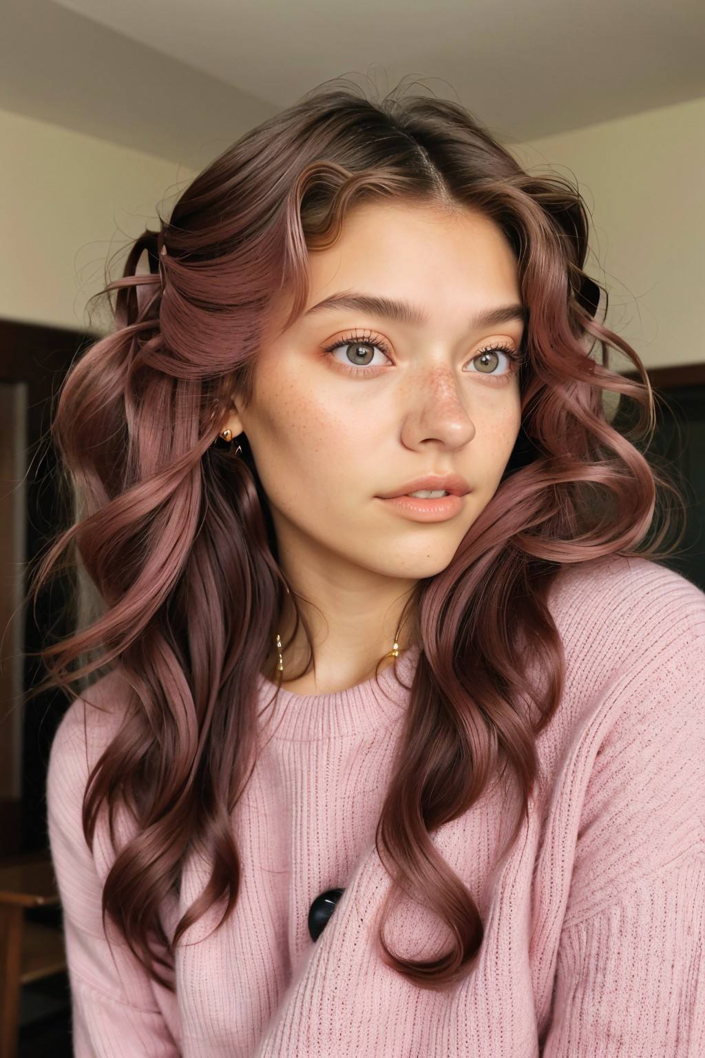 upper body photo of <lora:sd15_JessicaClements_v1:.9> JessicaClements, focus on face, wearing a thin sweater , her dusty rose color hair is styled as Ringlet Curls,