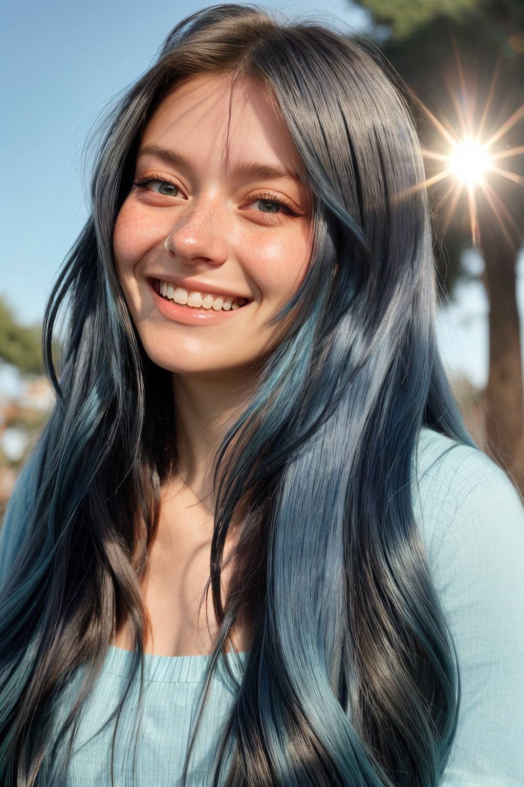 photo of <lora:sd15_JessicaClements_v1:.9> JessicaClements, focus on eyes, close up on face, laughing, Aquamarine Blue hair styled Straight Long Layers, lens flare