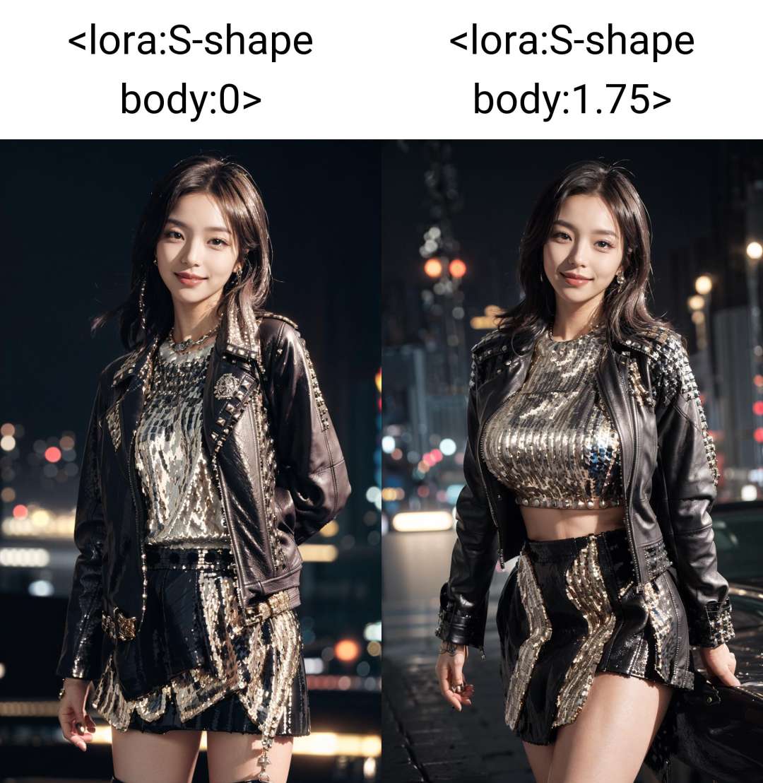 masterpiece,best quality,1girl,,moyou,seductive smile,<lora:S-shape body:0>,(Leather_jacket_with_embellishments:1.5),(Sequin_mini_skirt:1.4),(Studded_heels:1.3),(Nightlife_disco_background:1.4)