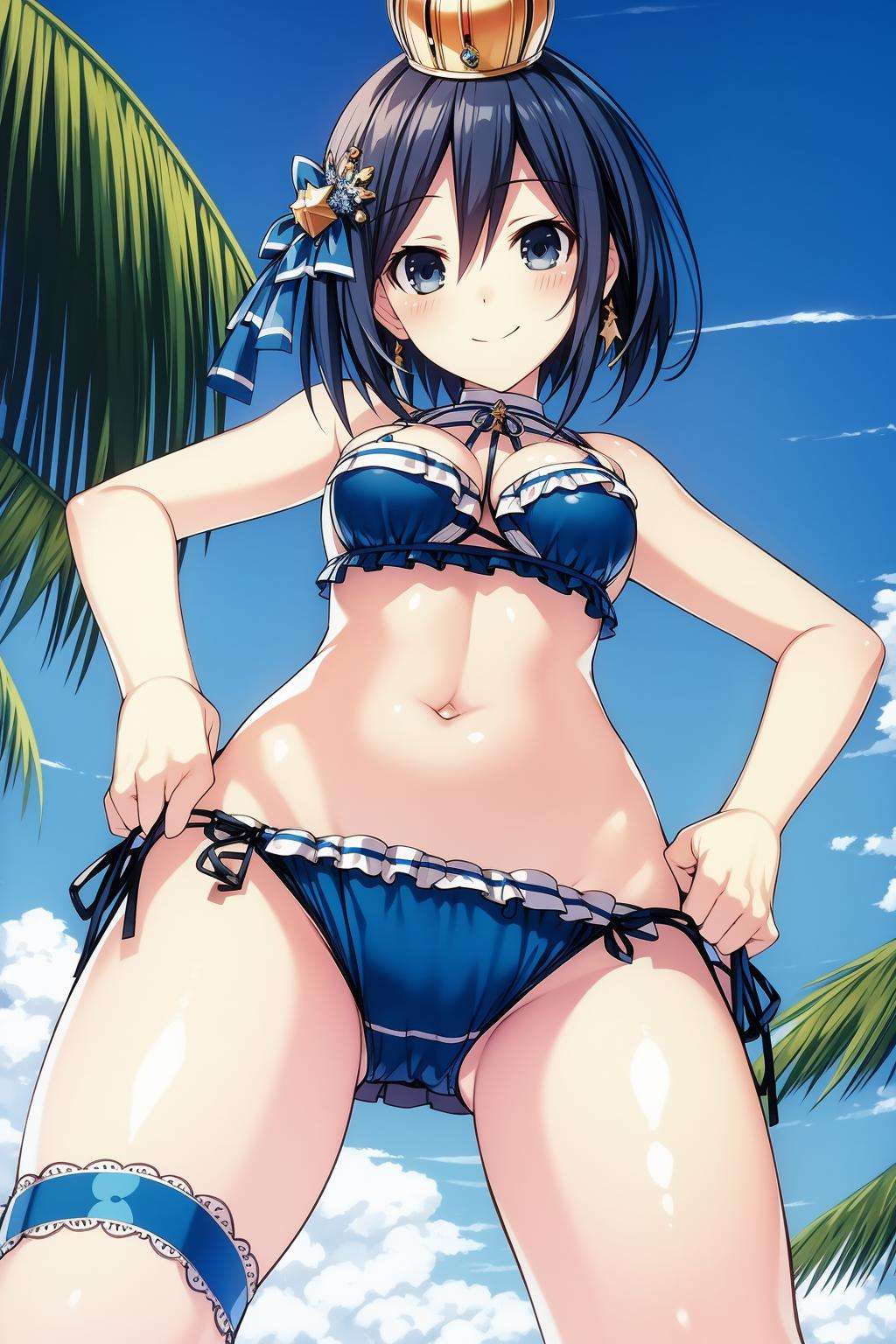 masterpiece, best quality,1girl,smile,closed mouth,solo,hair between eyes,from below,thong bikini,crown braid,blue legwear,market,   <lora:TSNeptunia-000045:1>