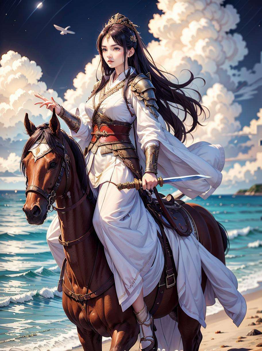 1 girl, chinese general, ancient background, holding sword, riding a horse, long hair, straight hair, (beach, ocean, cloud, night, sky) <lora:Chinese_general:0.6>