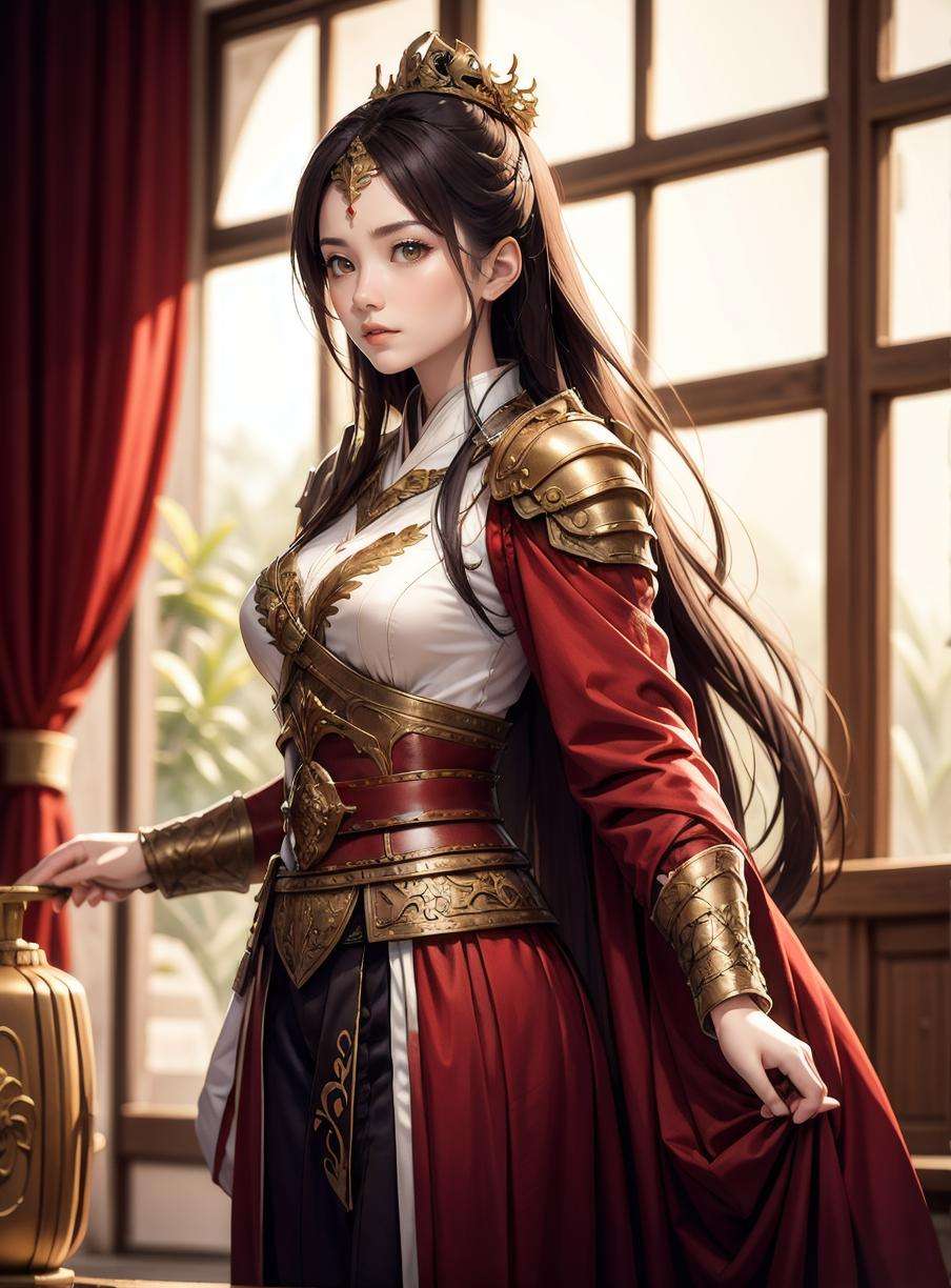 1 girl, chinese general, ancient background, on the battle field, long hair, straight hair, red  clothes <lora:Chinese_general:0.6>