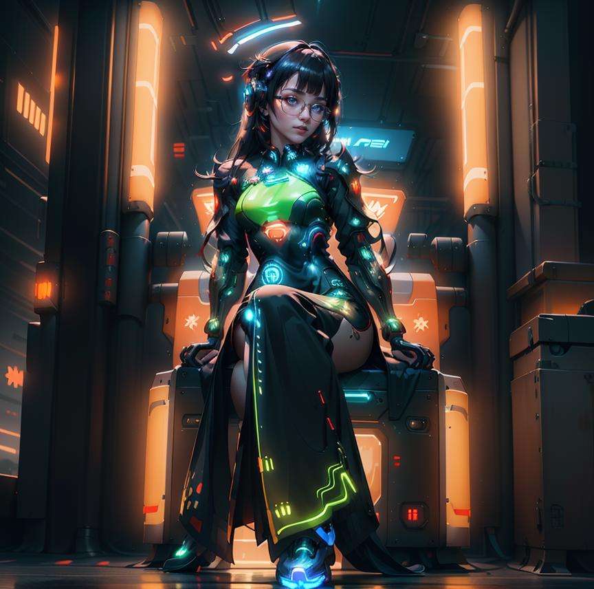 1 girl, solo, sitting, aodai cyber,long dress, neon, cyber world, technology, machine, (masterpiece, ultra high res:1.6), depth of field, cyberpunk, (Light illuminating the face:1.4), highlight face, glasses,haughty face<lora:3cyber_aodai-08:0.65>