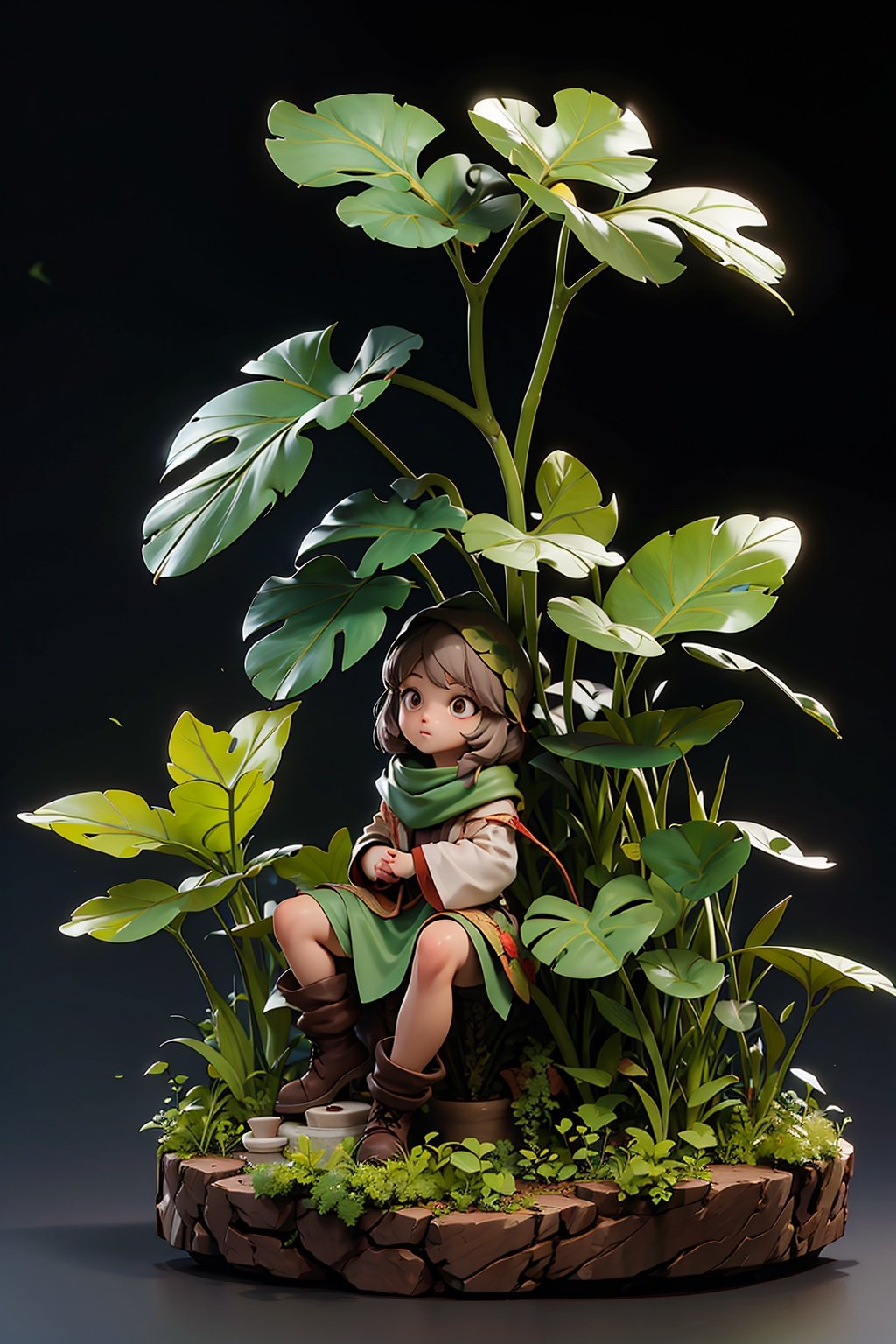 plant,leaf,vines,black_background,solo,sitting,plant_girl,full_body