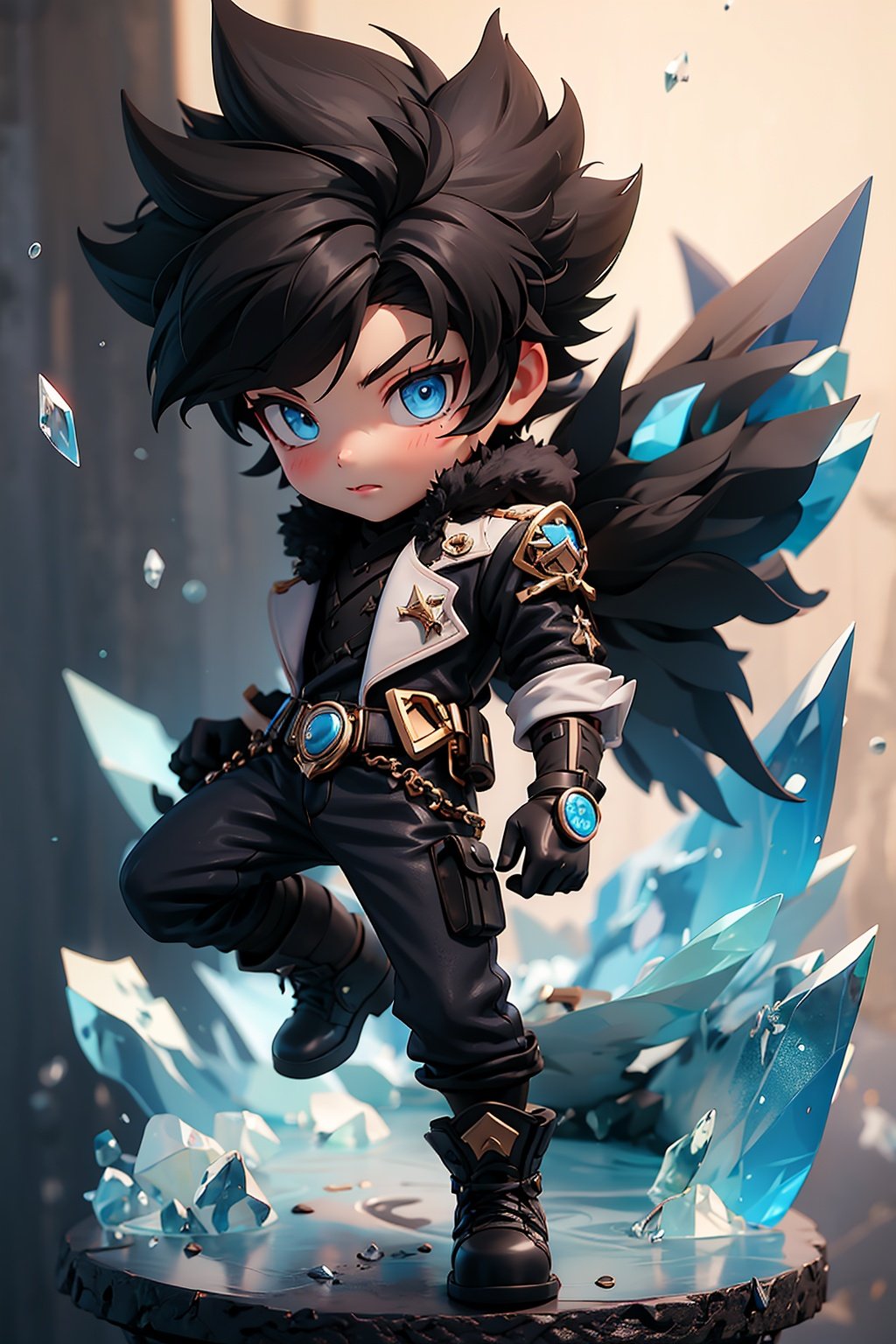 spiked_hair,solo,black_hair,gloves,ice,1boy