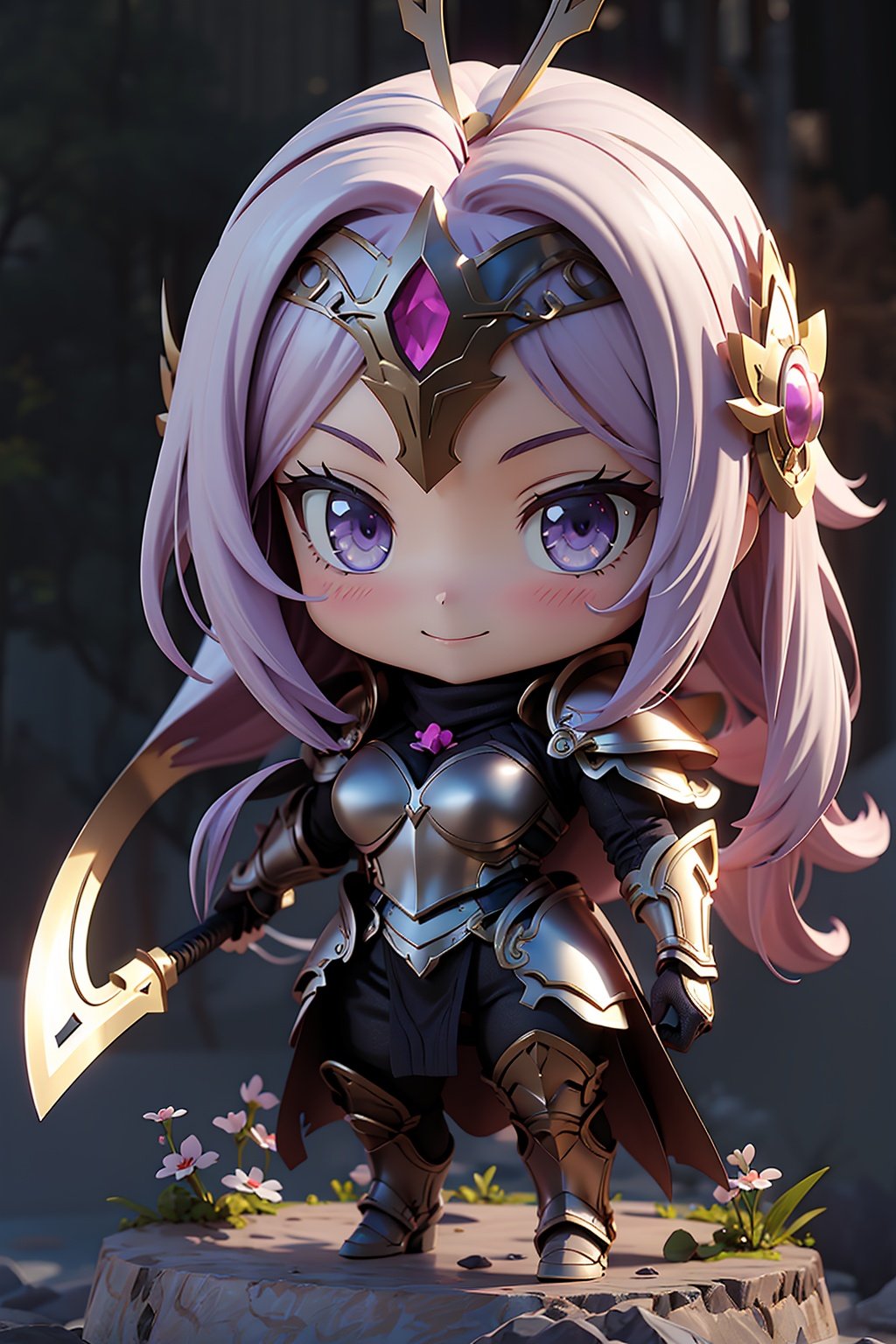 1girl,solo,long_hair,armor,chibi,holding,breasts,purple_eyes,smile,weapon,very_long_hair