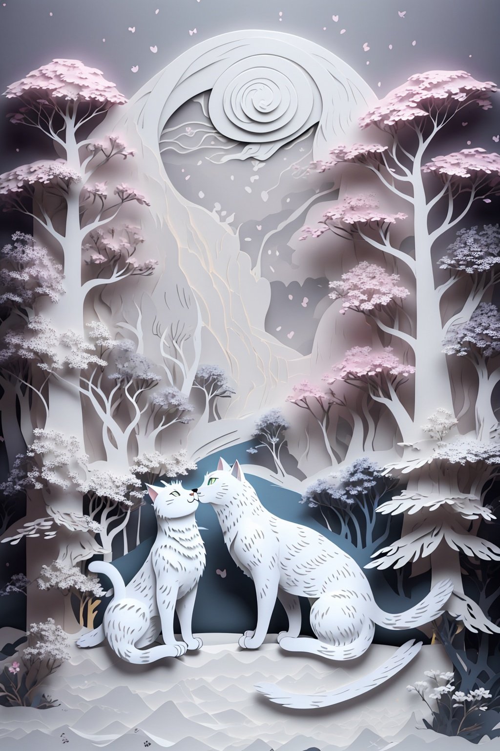 papercut, (Cat: 1.2), White cat, forest, UHD, best quality, 16k