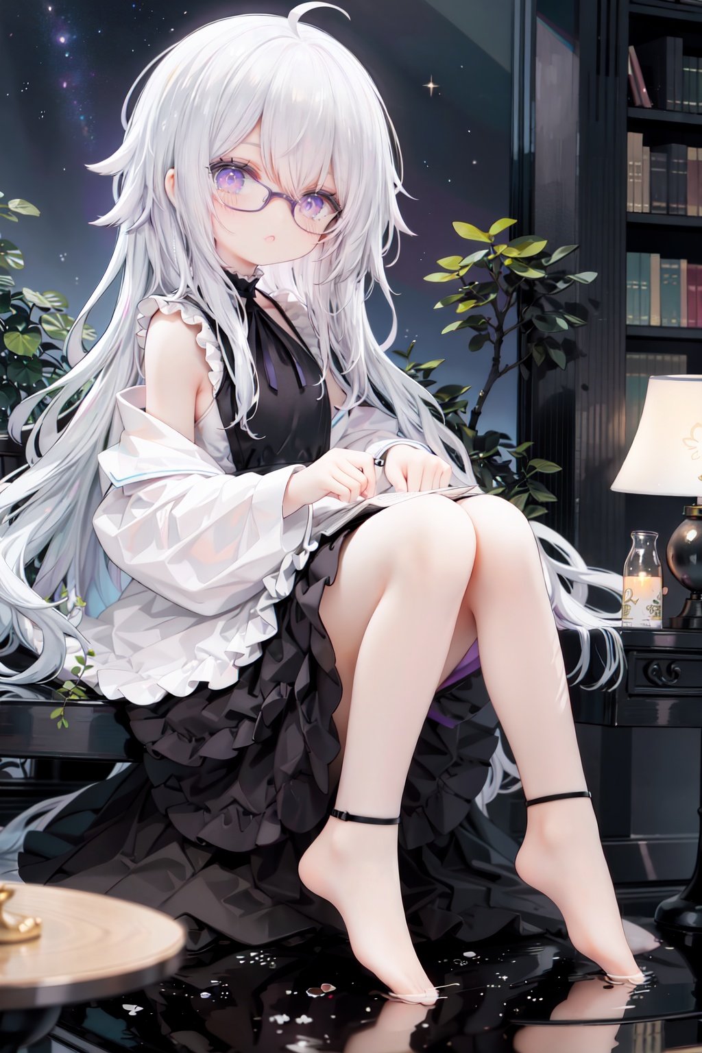 //,masterpiece, ((best quality)), (ultra-detailed), (illustration), an extremely delicate and beautiful, dynamic angle, chromatic aberration,((Medium shot)), ((colorful)),//,1girl,little girl,1girl,loli,petite,loli,looking away,Black rimmed glasses,dress,Constellation print,anklet,barefoot,sitting,(white hair:1.3),(long hair:1.3),ahoge,purple eyes,open mouth,(Dim light),classical,library, plant, Oil lamp,