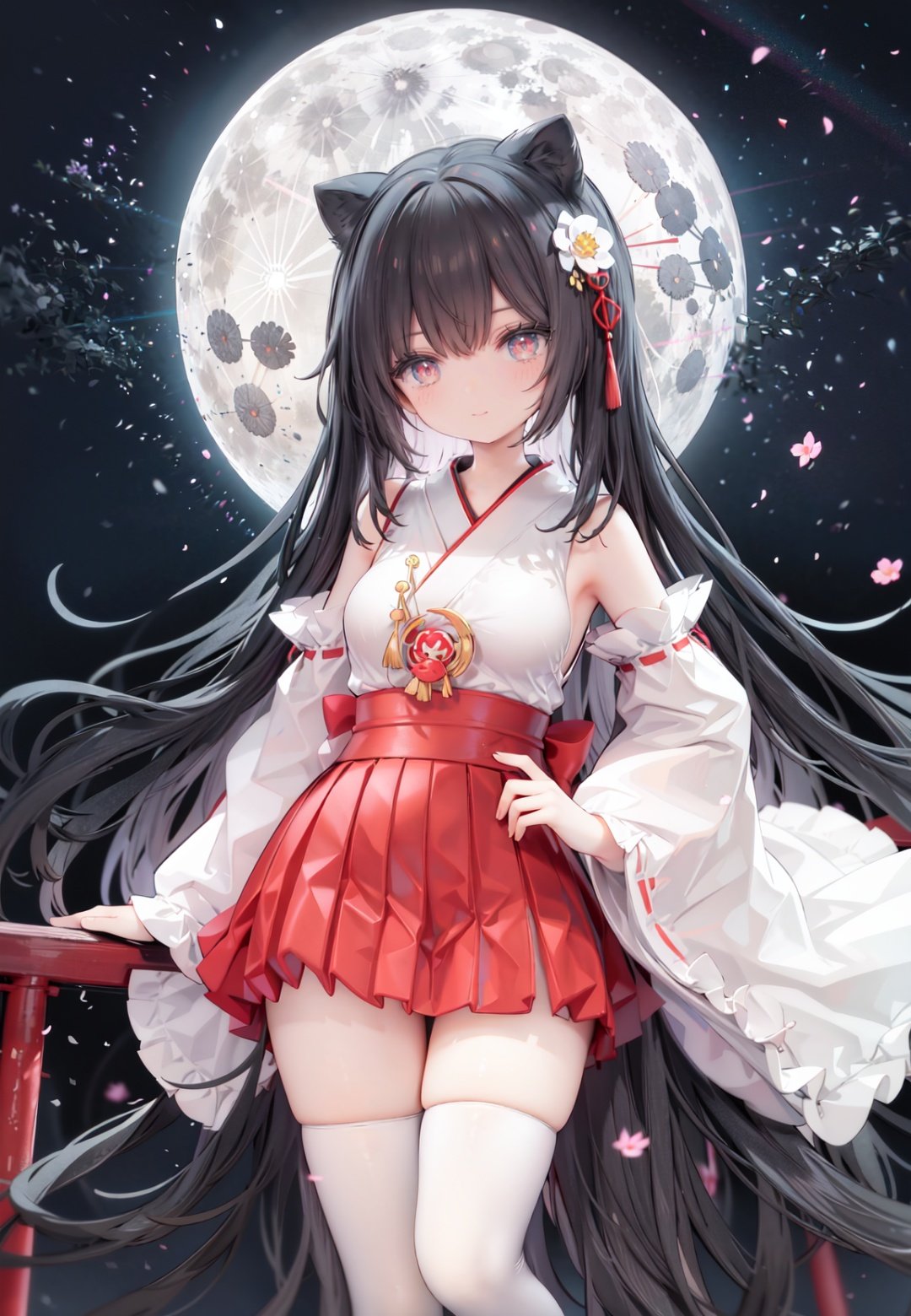 1girl, long hair, solo, thighhighs, black hair, hair ornament, moon, japanese clothes, skirt, detached sleeves, white thighhighs, miko, hakama short skirt, hair flower, very long hair, ribbon trim, ribbon-trimmed legwear, full moon, hakama skirt, hakama, brown eyes, outdoors, night, standing, looking at viewer, flower, hand on hip, tree, red skirt, sky, wide sleeves, smile, ribbon-trimmed sleeves, star (sky), fence, blush, bangs, zettai ryouiki, bare shoulders, night sky, red eyes, nontraditional miko, red hakama, thighs, closed mouth