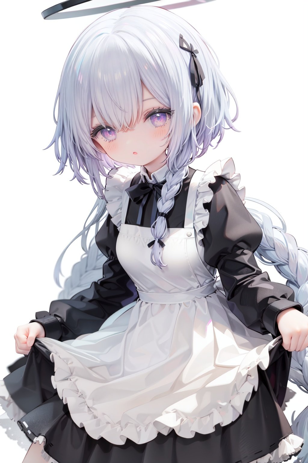 1girl, solo, apron, long hair, hair over one eye, white background, frills, braid, halo, long sleeves, dress, simple background, white hair, white apron, puffy sleeves, very long hair, frilled apron, maid, purple eyes, ribbon, parted lips, maid apron, bangs, juliet sleeves, black dress, neck ribbon, looking at viewer, single braid, blush