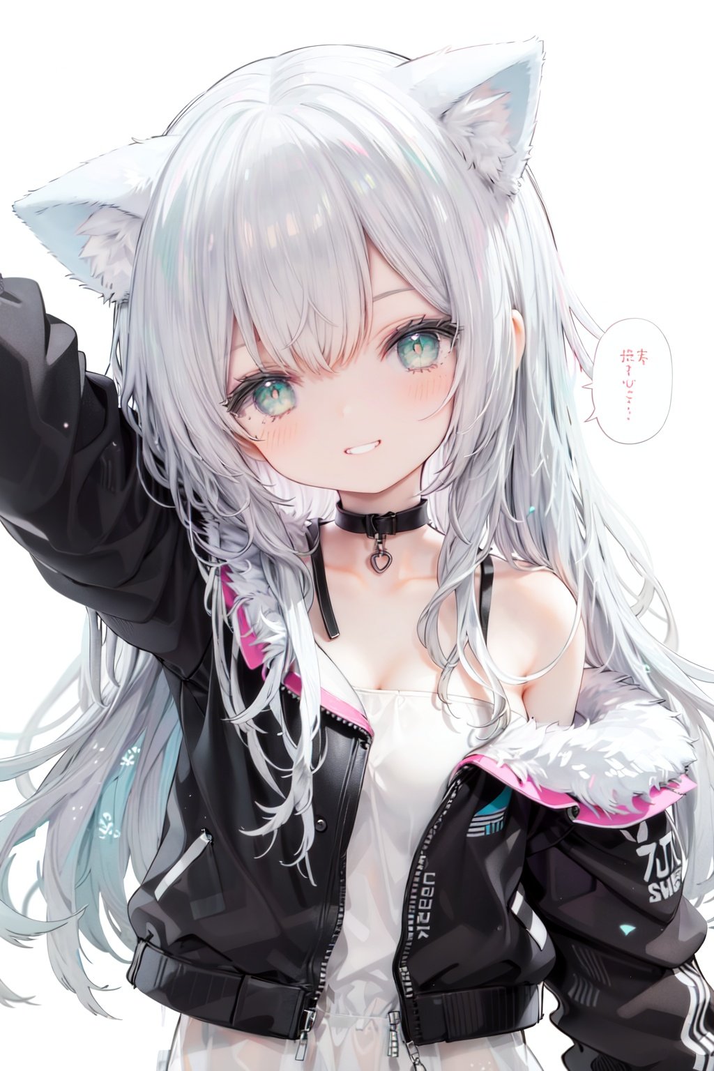 1girl, solo, green eyes, smile, long hair, cat ears, looking at viewer, animal ears, white background, simple background, bangs, silver hair, upper body, speech bubble, jacket, black jacket, head tilt, bare shoulders, eyebrows visible through hair, off shoulder, half-closed eyes, grin, arm up, collarbone
reflection light,