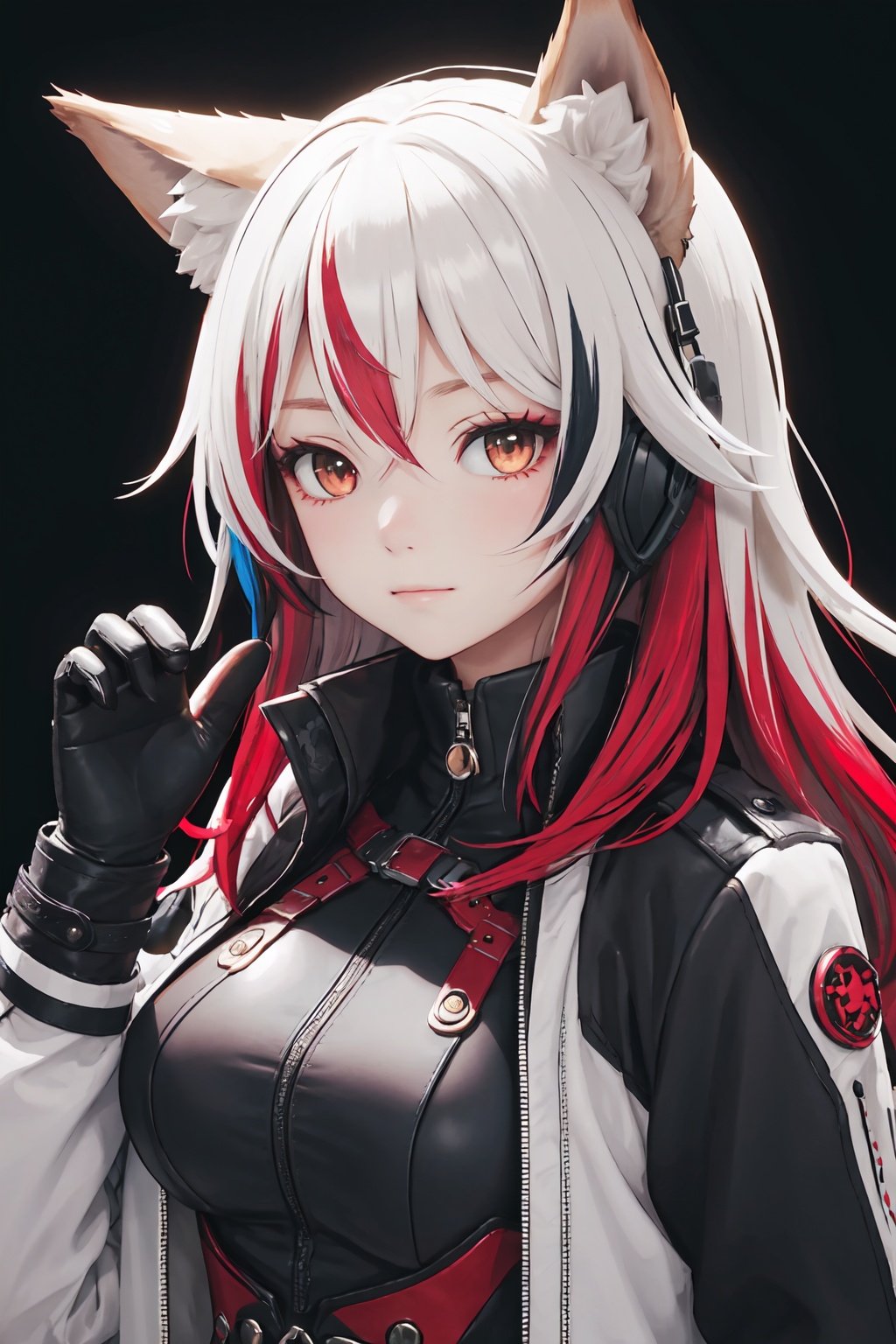 (best quality:1.2), (hyper detailed),

lack_hair, animal_ears, long_hair, wolf_ears, bangs, animal_ear_fluff, hair_between_eyes, multicolored_hair, red_hair, upper_body, breasts, two-tone_hair, brown_eyes, 1girl, closed_mouth, gloves, jacket, long_sleeves, black_gloves, fingerless_gloves, looking_at_viewer, white_jacket, colored_inner_hair, hand_up