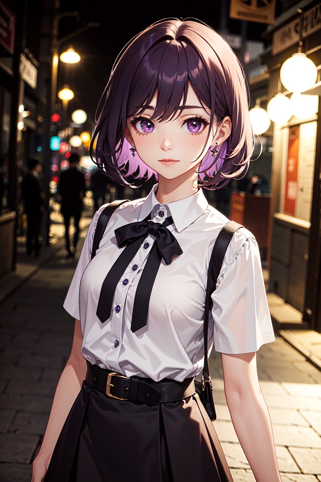 1girl is walking on the street, perfect illumination, distinct,photo sidelighting, (bright skin:1.1), ulzzang-6500-v1.1, soft smile, (face focus:1.1), ((dark purple hair)), (simple background), (dark background), (depth of field), skirt, close-up