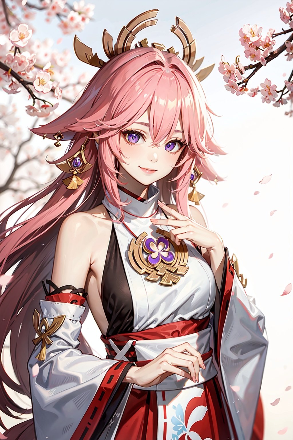 <lora:yae_miko:0.6>,yae_miko, smile,1girl, pink hair, purple eyes, long hair, fox ears, earrings, hair ornament, jewelry on the chest, yae miko's clothes, bare shoulders, detached sleeves, upper body, outdoors,sakura tree, sakura, sunshine