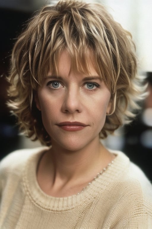 Meg_Ryan standing naked in New York, wearing a woolly jumper, short hair, dischevelled hair, hairy vagina