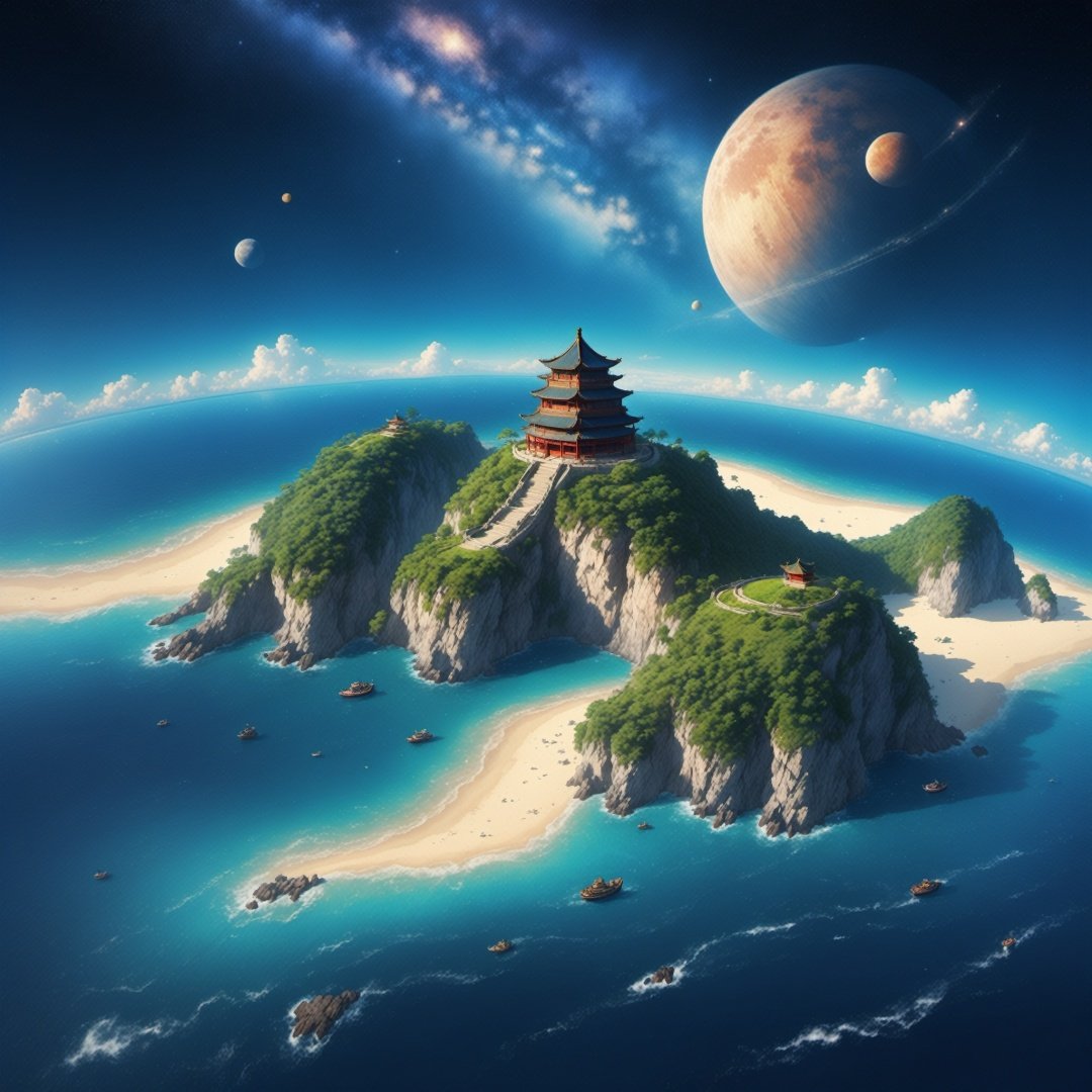 best quality,realistic,masterpiece,,simple background,,,,ultra-There was an island in the deep blue sea,
(((There are many Chinese buildings on the island))),
(((Blue planets rise from the sea)));
The Milky Way hangs in the sky,
A person looking up at the sky