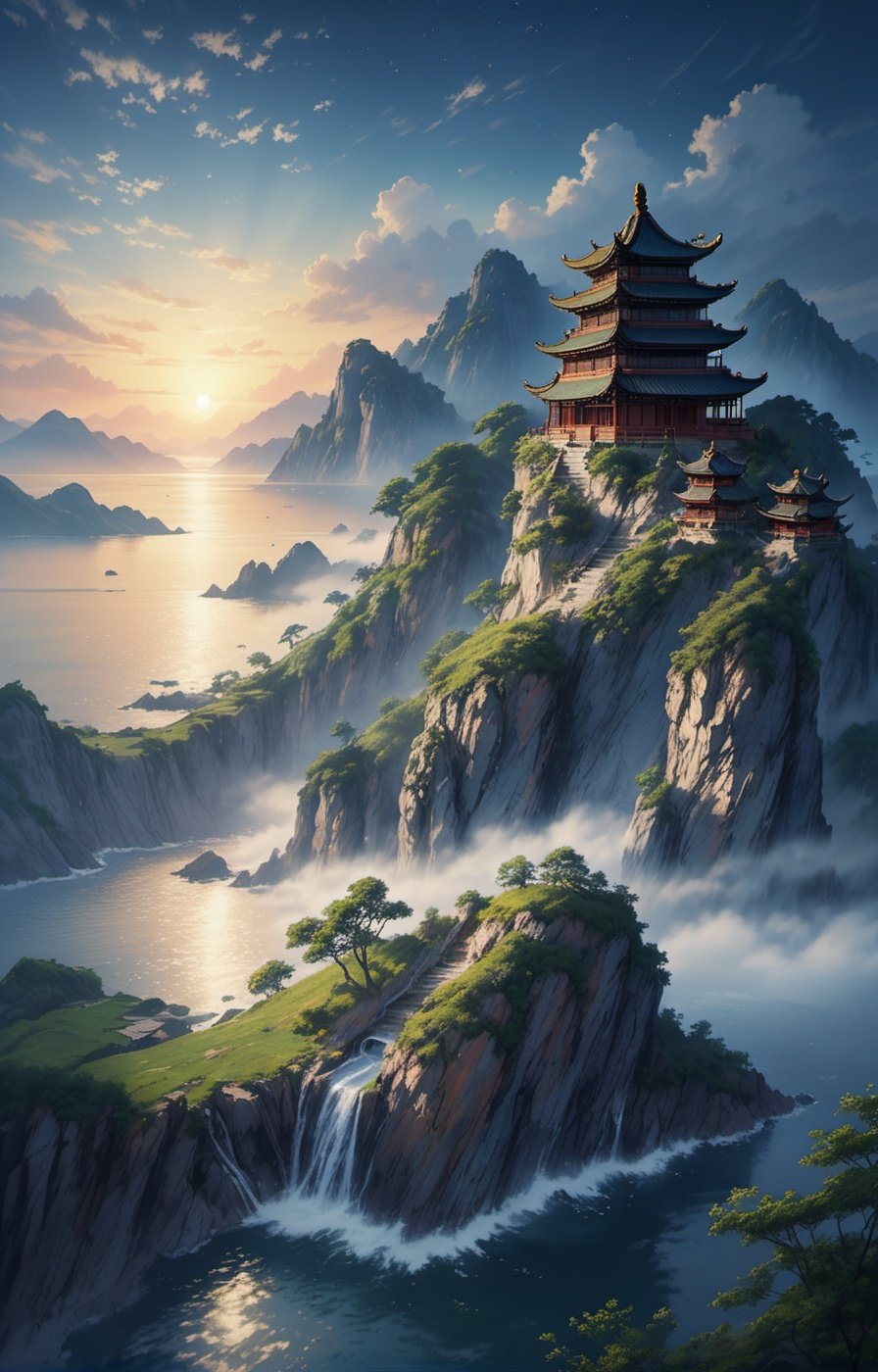 The bright moonlight shines through the clouds, the bottom left part of the picture is an ancient Chinese architecture, below the moon is (sea, detailed sea ripples, night scene, light particle effect, excellent work, extremely elaborate picture description,8k wallpaper, ink painting style, obvious light and shadow effects, ray tracing, obvious layers, depth of field, best quality, <lora:WDR_scenery1.0:0.8>