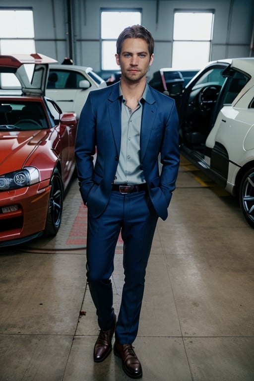 cinematic photo ((Full-Body Shot)),p4ul wearing a mechanic's suit, in a car repair shop, blue skyline r34,r34, realistic, facial hair, shirt, beard, blue eyes,brown hair, collared shirt,looking at viewer,<lora:p4ul-04:1> . 35mm photograph, film, bokeh, professional, 4k, highly detailed