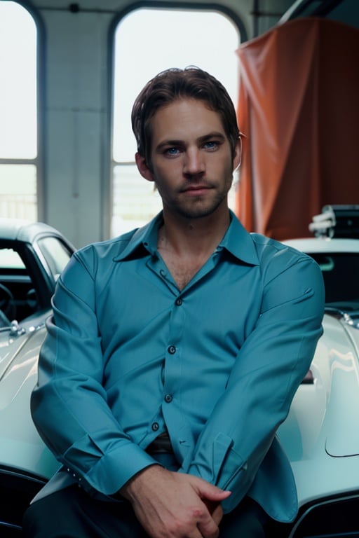 cinematic photo p4ul wearing a mechanic's suit, in a car repair shop, blue skyline r34,r34, realistic, facial hair, shirt, beard, blue eyes,brown hair, collared shirt,looking at viewer,<lora:p4ul-03:1> . 35mm photograph, film, bokeh, professional, 4k, highly detailed