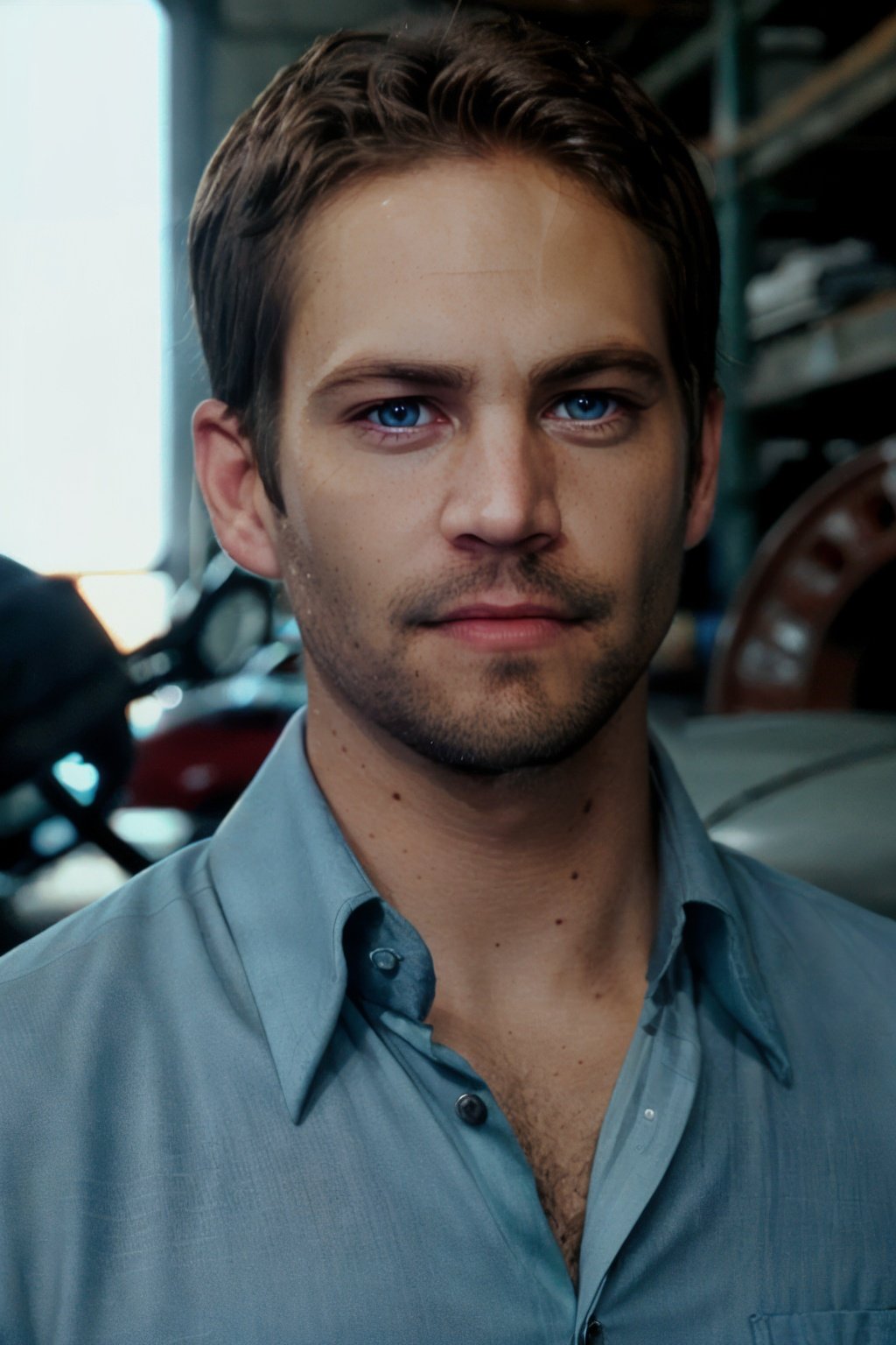 cinematic photo p4ul wearing a mechanic's suit, in a car repair shop, blue skyline r34,r34, realistic, facial hair, shirt, beard, blue eyes,brown hair, collared shirt,looking at viewer,<lora:p4ul-03:1> . 35mm photograph, film, bokeh, professional, 4k, highly detailed