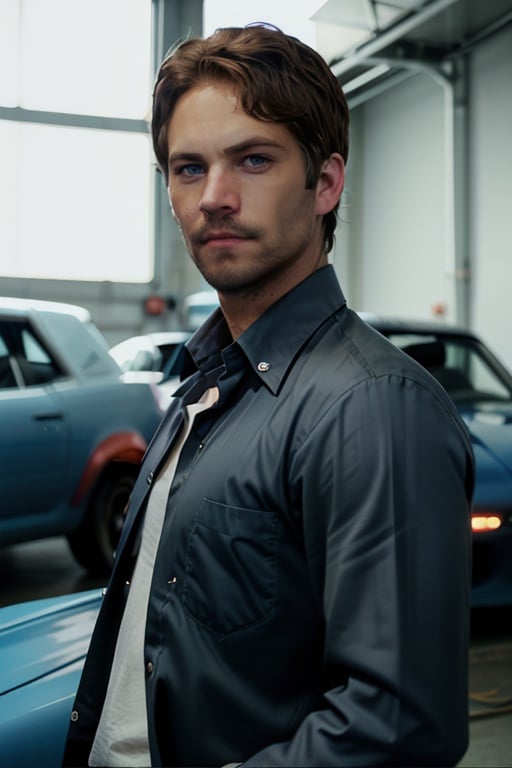 cinematic photo p4ul wearing a mechanic's suit, in a car repair shop, blue skyline r34,r34, realistic, facial hair, shirt, beard, blue eyes,brown hair, collared shirt,looking at viewer,<lora:p4ul-03:1> . 35mm photograph, film, bokeh, professional, 4k, highly detailed