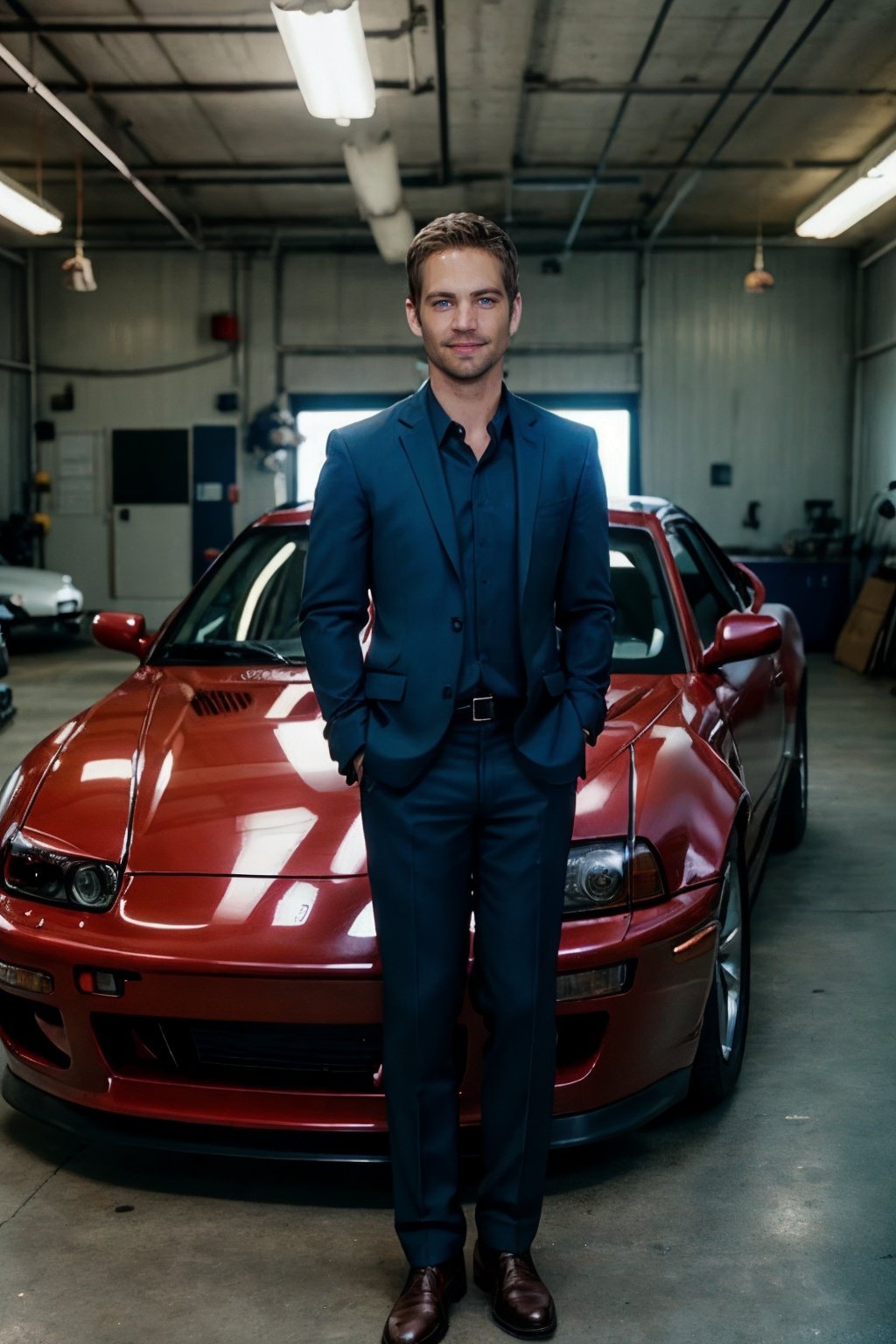 cinematic photo ((Full-Body Shot)),p4ul wearing a mechanic's suit, in a car repair shop, blue skyline r34,r34,smile, realistic, facial hair, shirt, beard, blue eyes, curly hair,brown hair, collared shirt,looking at viewer,<lora:p4ul-04:1> . 35mm photograph, film, bokeh, professional, 4k, highly detailed