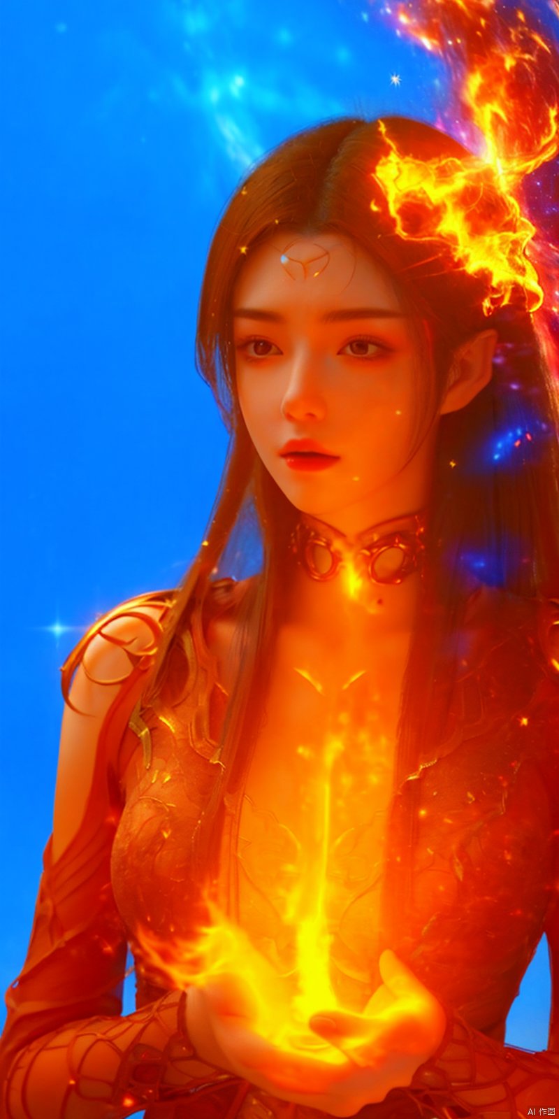  masterpiece, 1 girl, Look at me, Long hair, Flame, A magical scene, glowing, Floating hair, realistic, Nebula, An incredible picture, The magic array behind it, Stand, textured skin, super detail, best quality, ,,dress, , meidusha