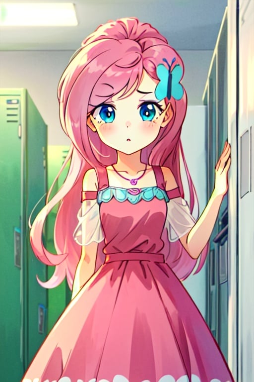 ((best quality)), ((highly detailed)), masterpiece, (detailed eyes, deep eyes), (1girl), cowboy shot, , mlpfluttershy, (pink hair), hair ornament, blue eyes, dress, (indoors, at a lockerroom)