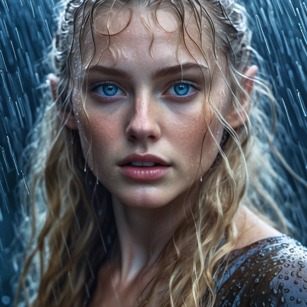 blond haired girl with blue eyes and long hair in the rain, wet body, wet skin, 8k portrait render, hyperrealism. fantasy 4k, 4 k detail fantasy, galadriel, karol bak uhd, 4k highly detailed digital art, hyperrealistic fantasy art, 4k fantasy art, 4k detailed digital art, 8k high quality detailed art