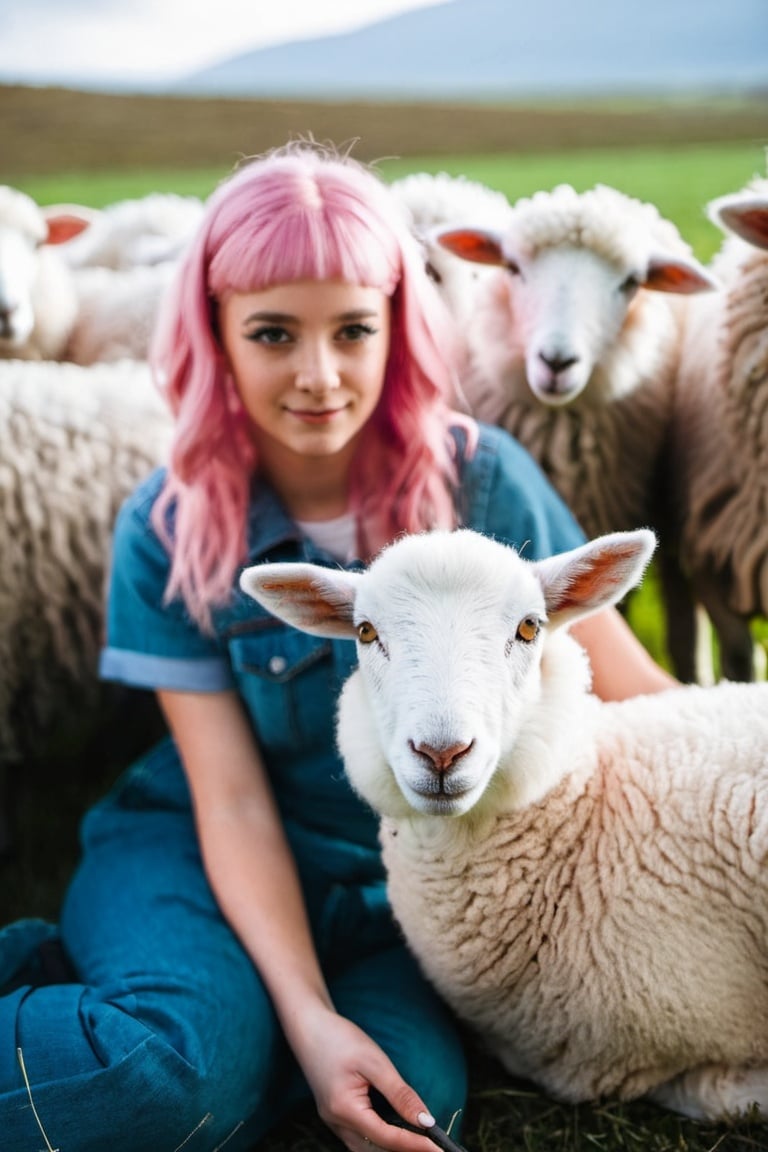 Young girl with pink hair sitting near the sheep 