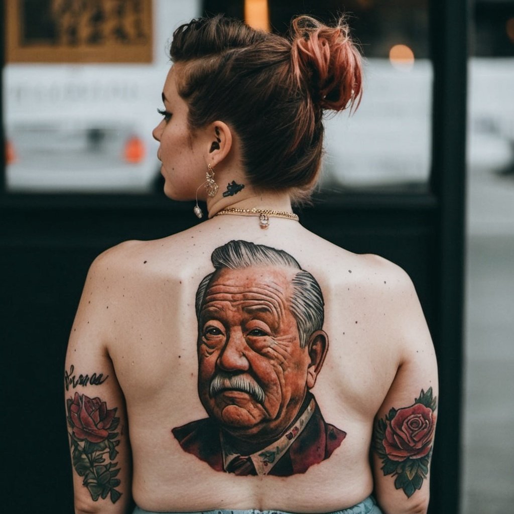 A girl seen from behind, with a color tattoo of a chubby old man