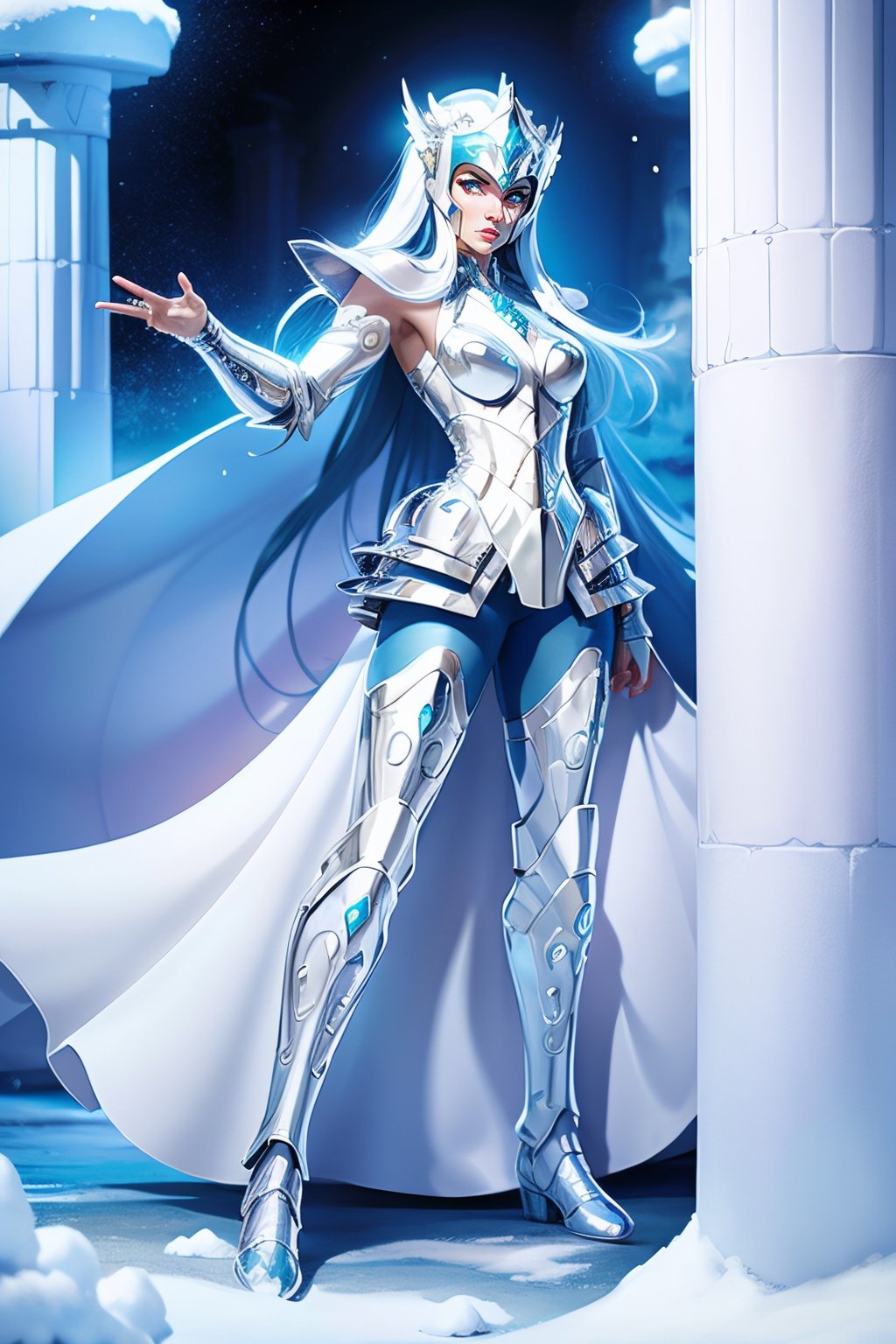 powerful female character with all white Aquarius armor, super realistic, full body vision, (white armor: 1.5), scenery with many elements of ice, snow and fog
