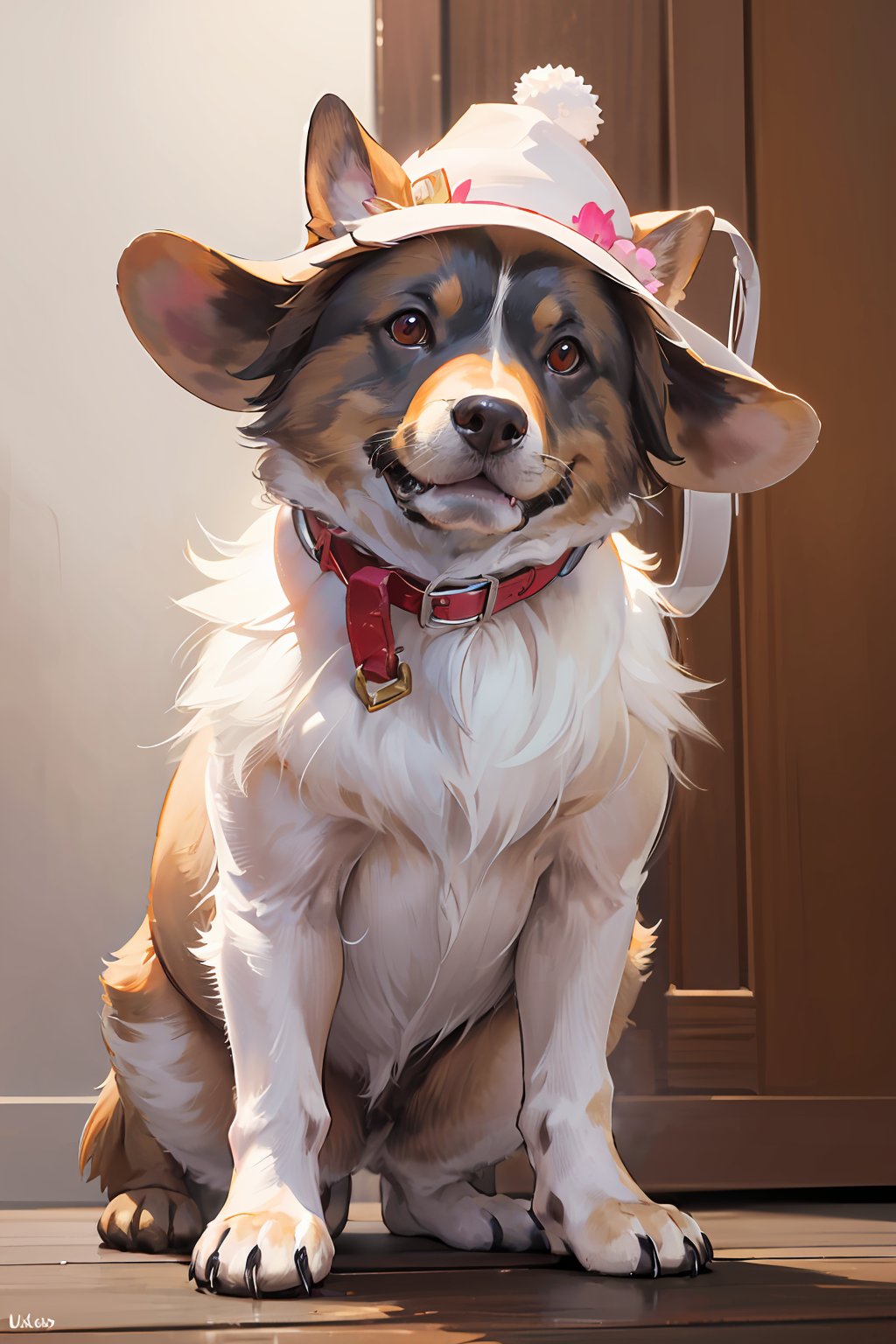 (absurdres, highres, ultra detailed, high resolution:1.1), dog, realistic, non-human, hairy, hat, cute, full body, (dressed animal, clothed animal:1.2),