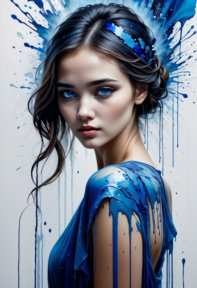 masterpiece, best quality, ultra high res, 1girl, (abstract art:1.4), bleeding blue, blue theme, visually stunning, beautiful, evocative, emotional, side view, <lora:wowifierXL:0.5>