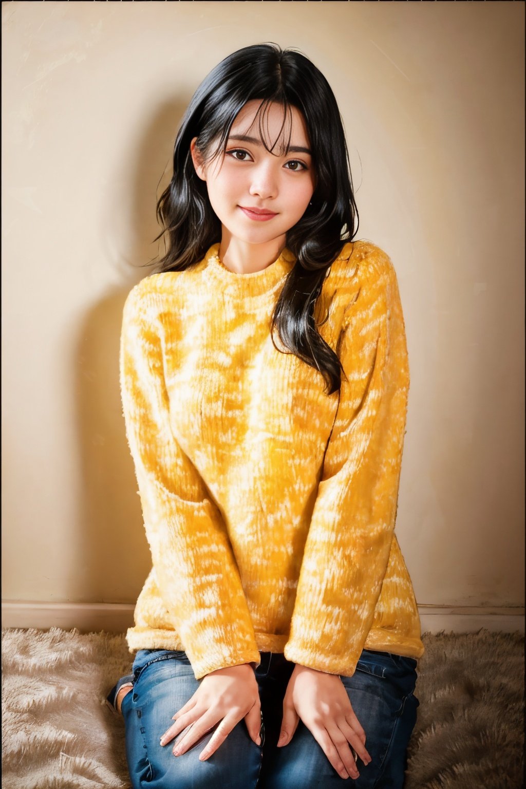 xyzsansweater, RAW photo, face portrait photo of beautiful woman, black hairs, realistic, cute face, yellow sweater, happy face, hard shadows, cinematic shot, dramatic lighting, full body, <lora:xyzsansweater:1>