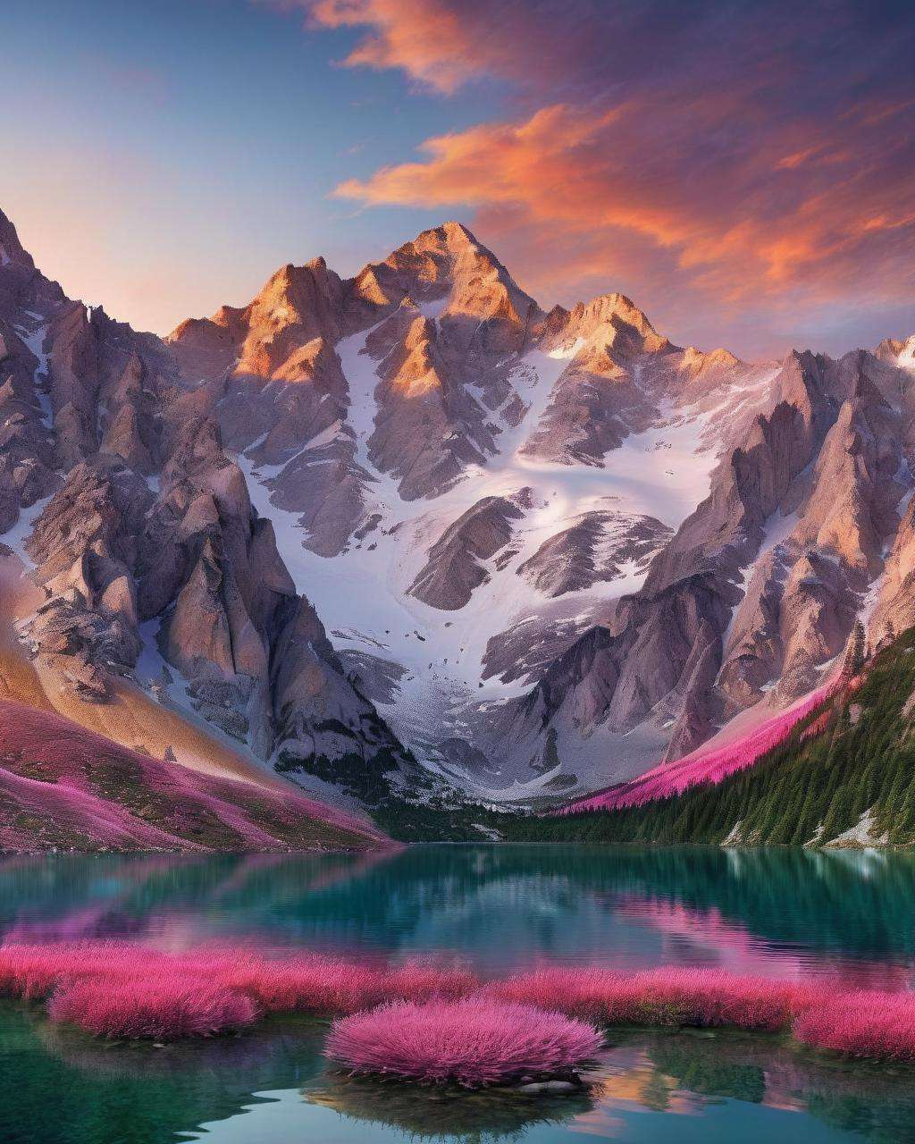 Majestic mountains towering above a pristine alpine lake, bathed in the warm hues of a sunrise:0.8, tranquil and awe-inspiring in equal measure, inviting you to immerse yourself in nature's grandeur:0.6, landscape photography:0.6, high resolution:0.4.  <lora:wallpaper_X:1.0>