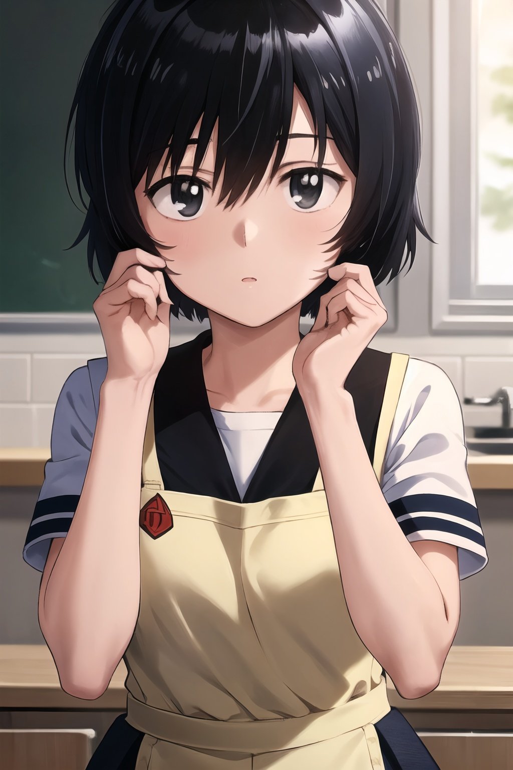 1girl, (masterpiece:1.3), (high resolution), (8K), (extremely detailed), (4k), (pixiv), perfect face, nice eyes and face, (best quality), (super detailed), detailed face and eyes, (solo), textured skin, <lora:urabe_mikoto-09:0.7>, urabewz, school uniform, serafuku, black eyes, pleated skirt, black hair, short hair, standing, looking at viewer, kitchen, apron