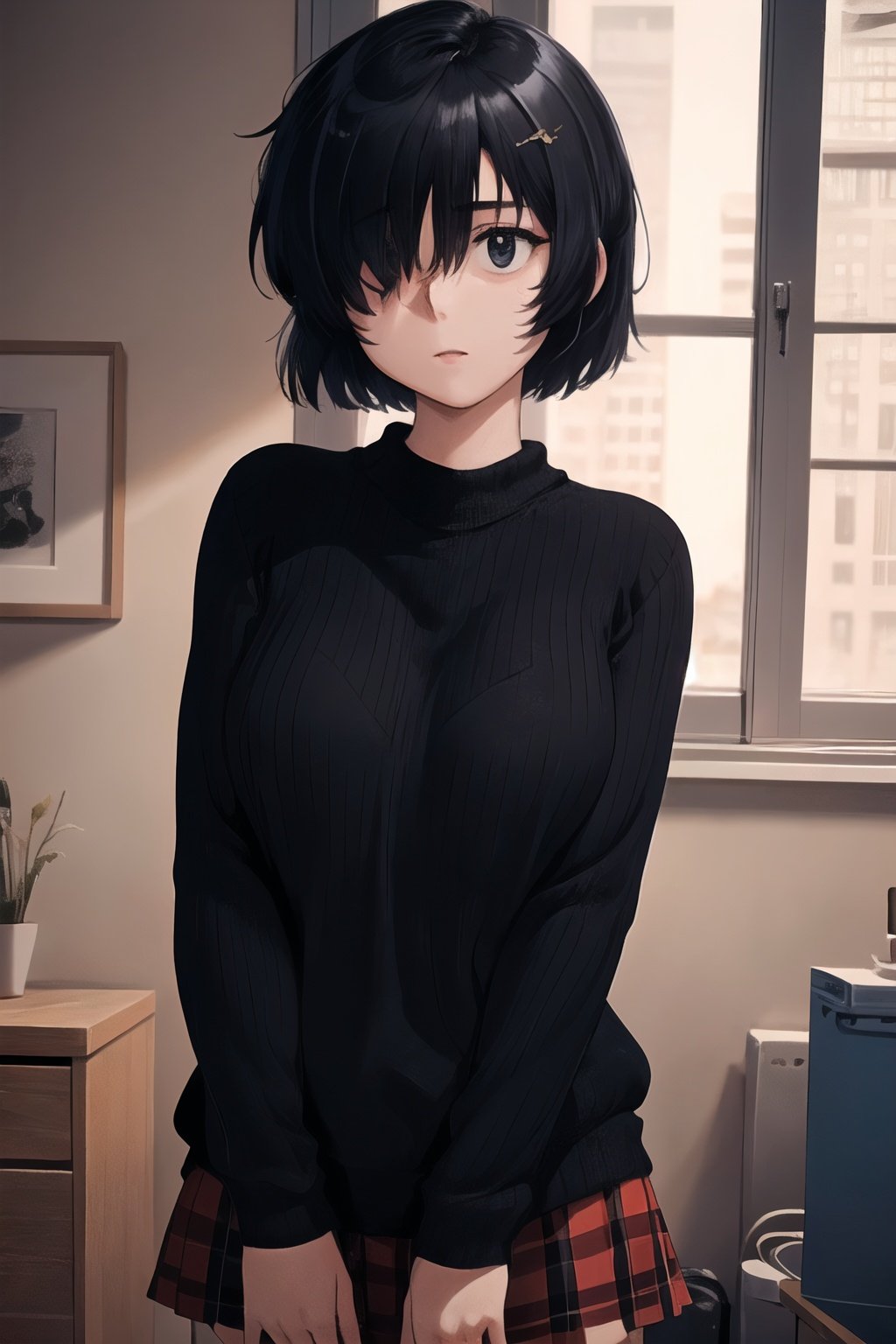 1girl, (masterpiece:1.3), (high resolution), (8K), (extremely detailed), (4k), (pixiv), perfect face, nice eyes and face, (best quality), (super detailed), detailed face and eyes, (solo), textured skin, <lora:urabe_mikoto-09:0.7>, urabewz,  black eyes, pleated skirt, black hair, short hair, (hair over one eye:1.1), cowboy shot, black sweater, room