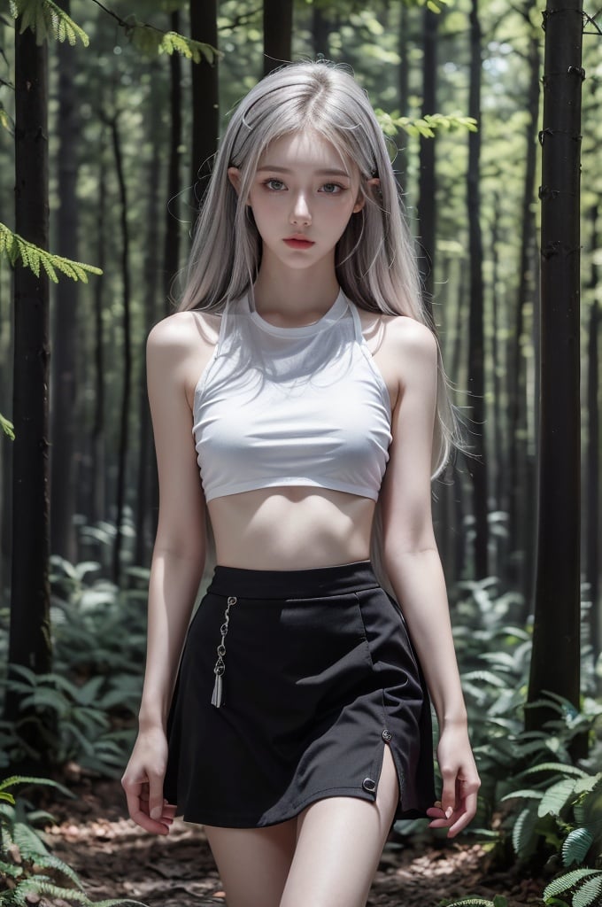 HDR, UHD, 8K, Highly detailed, best quality, masterpiece, 1girl, realistic, Highly detailed, (EOS R8, 50mm, F1.2, 8K, RAW photo:1.2), ultra realistic 8k cg,,jingling,Forest, skirt, silver hair,cyborg