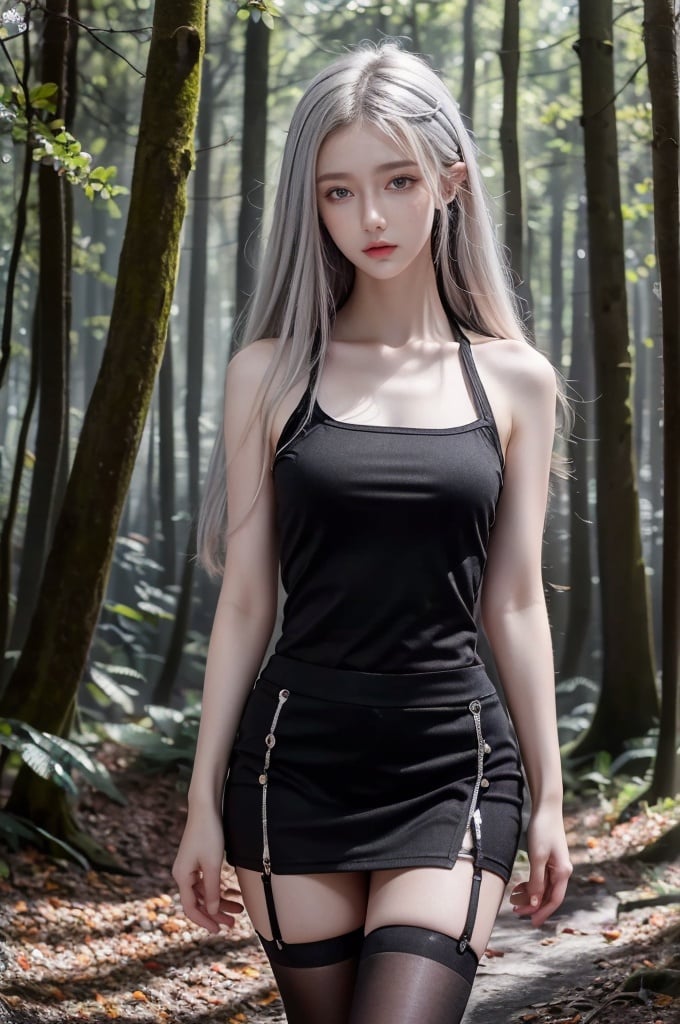 HDR, UHD, 8K, Highly detailed, best quality, masterpiece, 1girl, realistic, Highly detailed, (EOS R8, 50mm, F1.2, 8K, RAW photo:1.2), ultra realistic 8k cg,,jingling,Forest, skirt, silver hair,cyborg,Black 8D glossy stockings