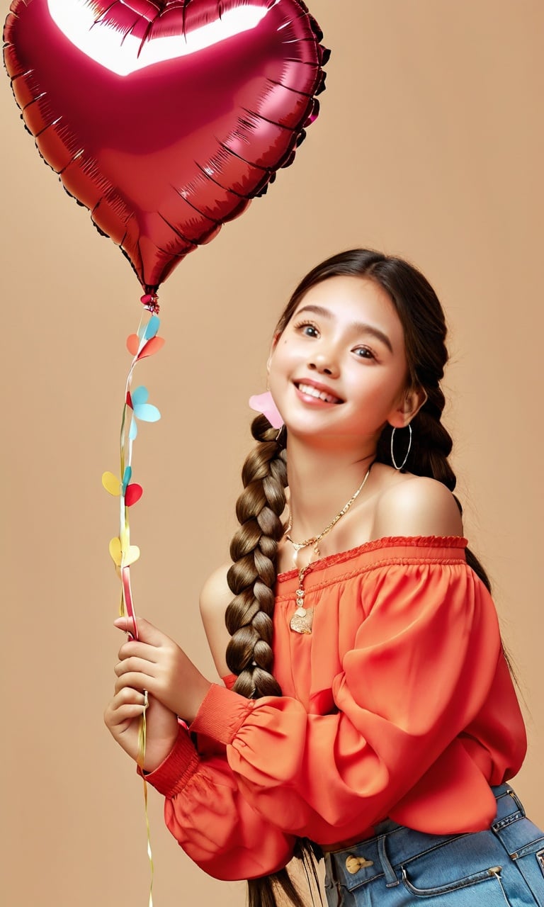 photograph,Long hair girl,beautiful eyes,happy,brown hair,fishbone braids,off-the-shoulder blouse,choker necklace,rose-red top,denim midget skirt,normal hands,holding a red love balloon,Photo shoot,colorful flowers,balloons,realistic style,fashion illustration,bright colors,neon realism,fine gloss,clean background,