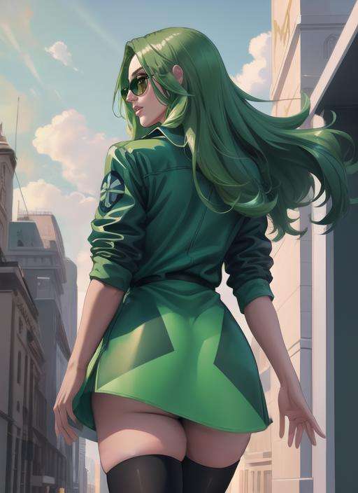 beautiful, (masterpiece:1.2), (best quality:1.2), pov, from behind, 1girl, Polaris, jacket, shirt dress, thigh highs, looking over shoulder,green sunglasses, walking, <lora:polaris-10:0.8>, foreshortening, depth