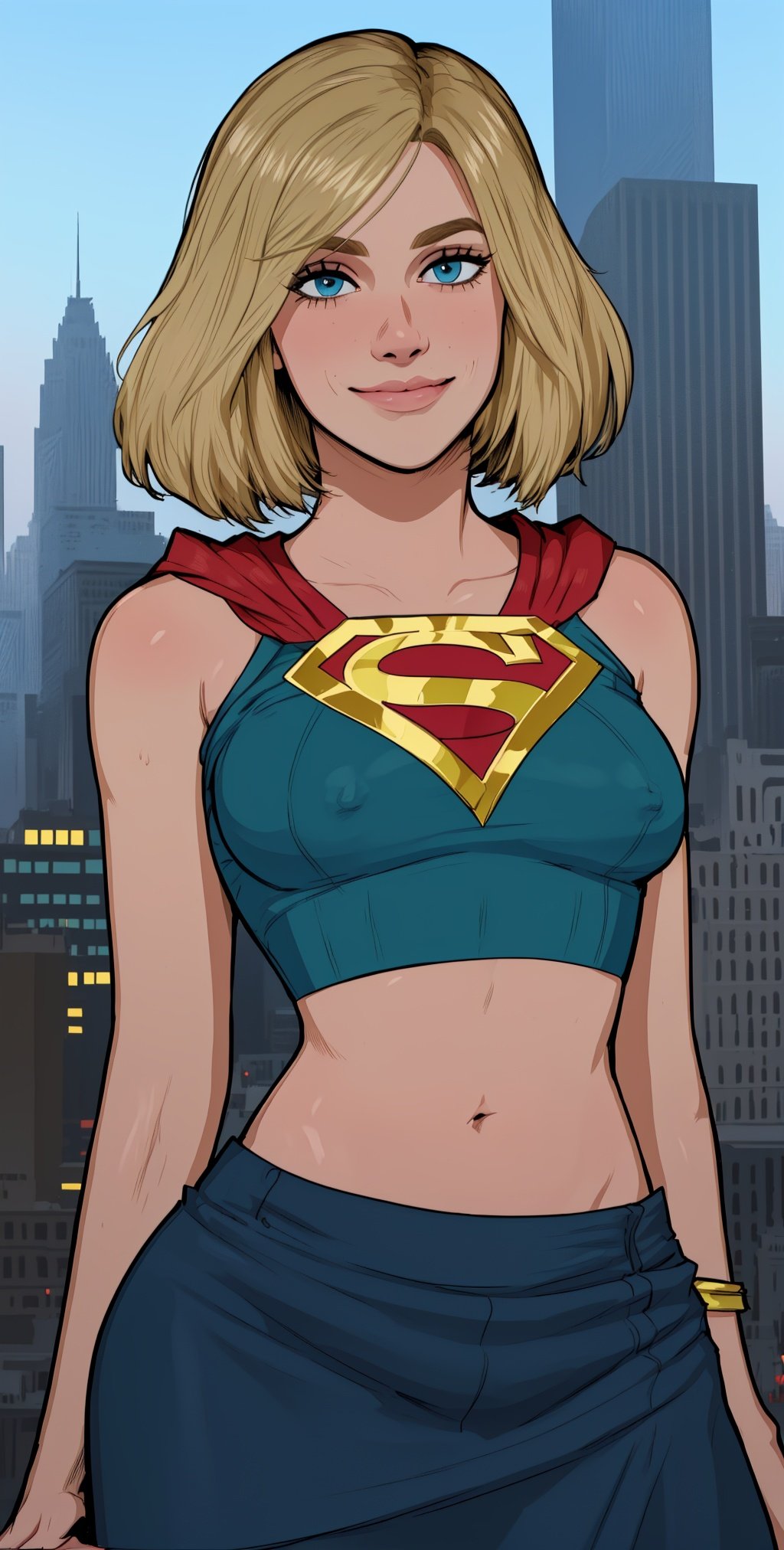 kara, short blonde hair,  blue eyes,   light smile,  
white shirt with  S (symbol\),   midriff,  toned,  
standing, upper body, solo,   covered nipples,   blue  skirt,   standing, 
morning, metropolis city,   park, 
 (insanely detailed, beautiful detailed face, masterpiece, best quality), 